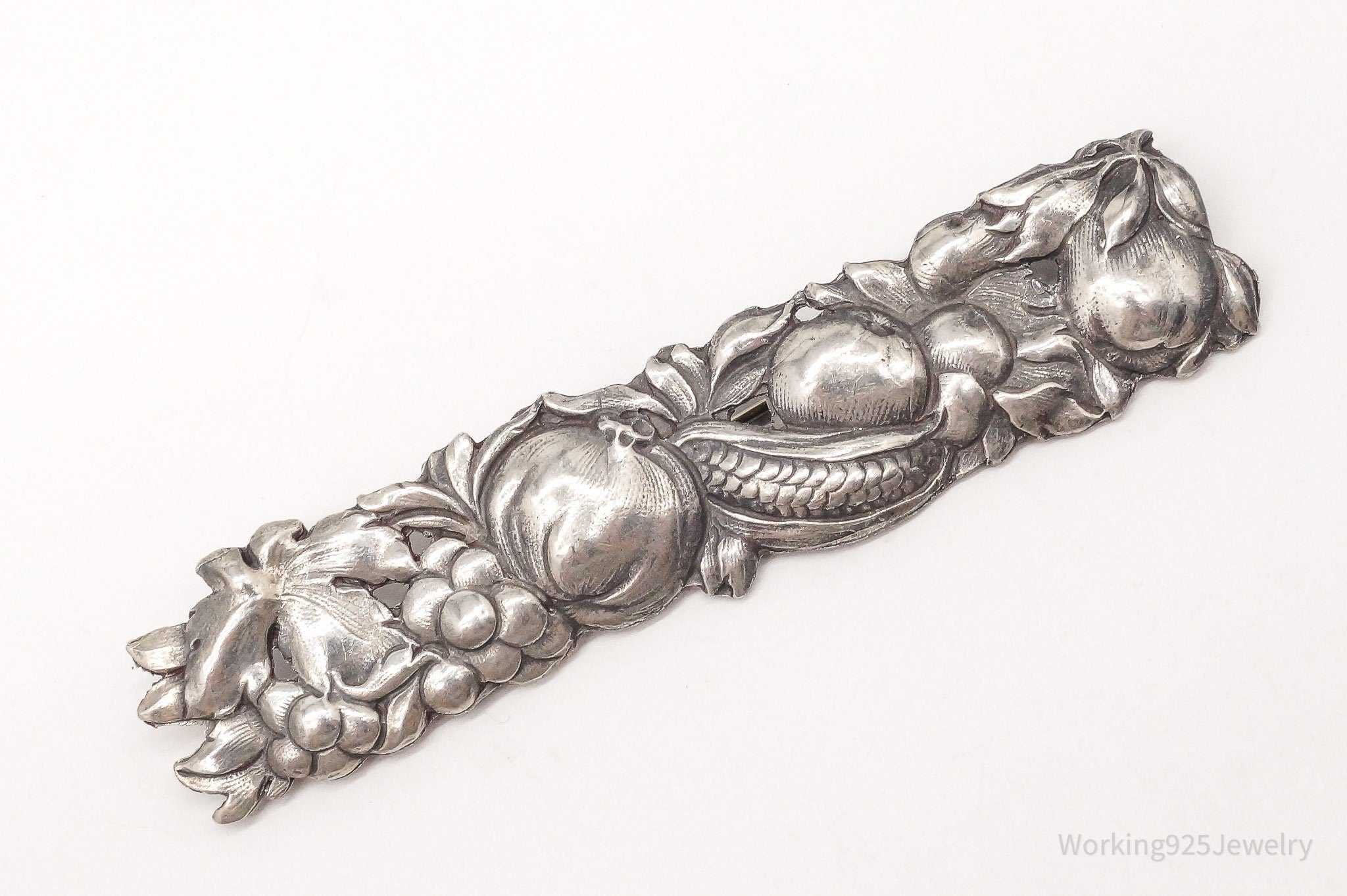 Large Rare Antique Vegetable Harvest Sterling Silver Repousse Brooch Pin