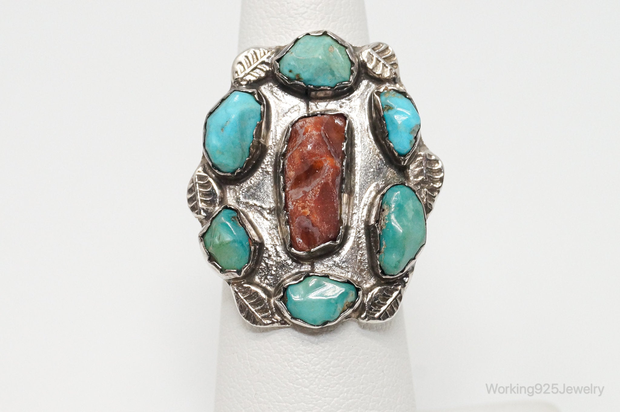 Vintage Native American Turquoise Coral Sterling Silver Ring - SZ 4.75