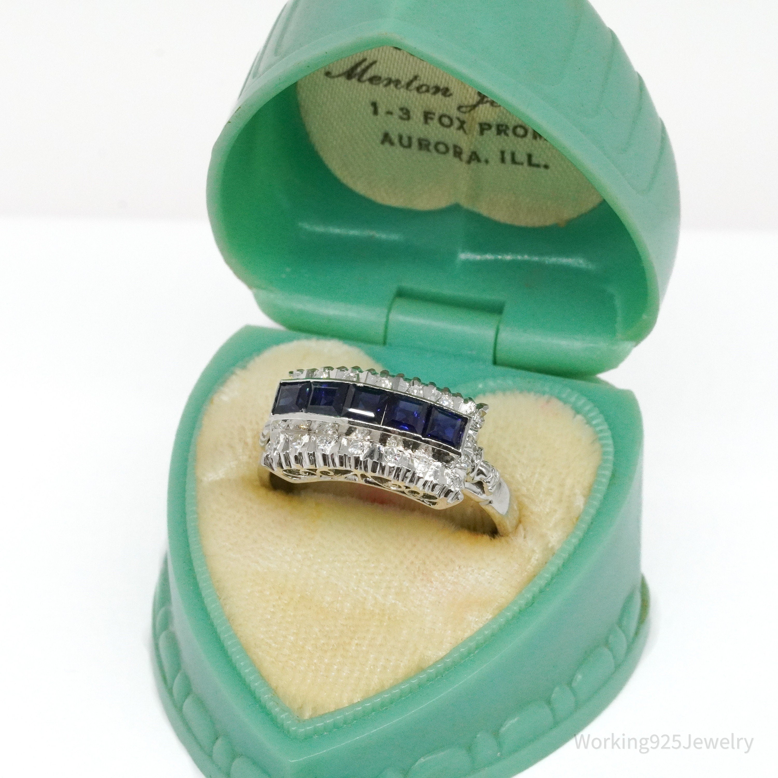 Art Deco Palladium 18K White Gold, Diamonds and Sapphires Ring Size - 8.75