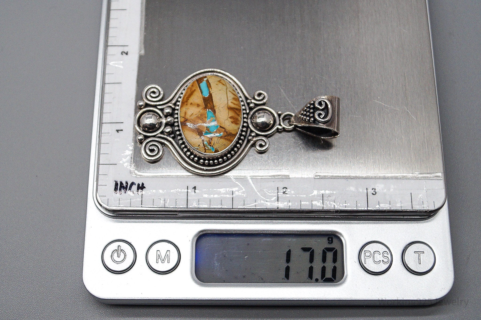 Large Vintage BNY Jasper With Hint Of Turquoise Sterling Silver Pendant