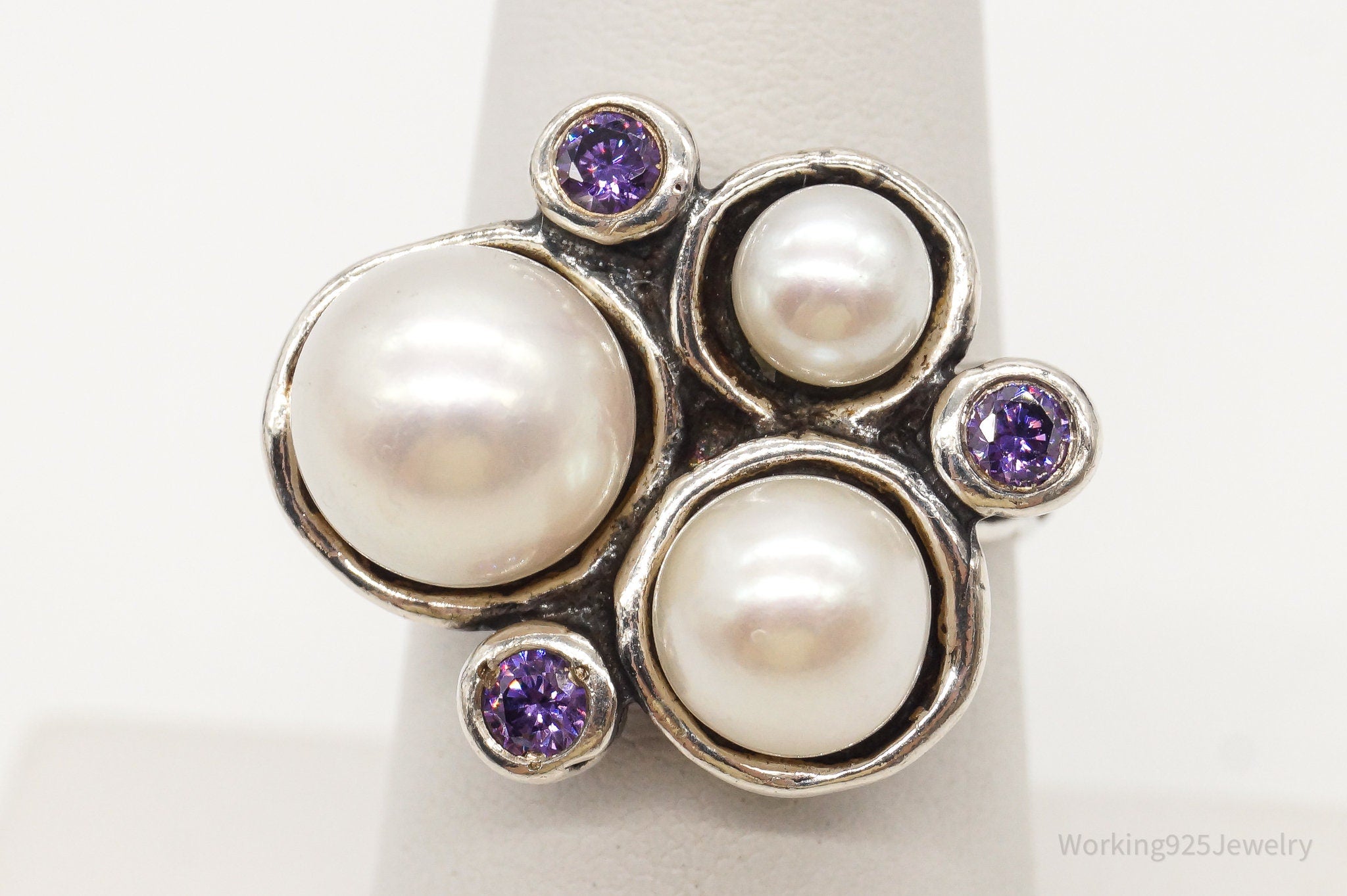 Vintage Shablool Didae Pearl Purple CZ Sterling Silver Ring - Size 6.75