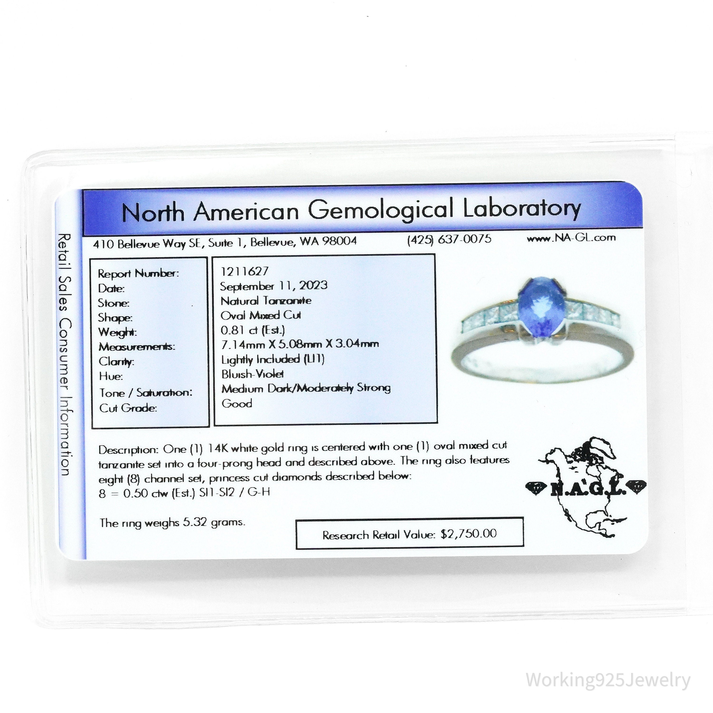 14K White Gold, Diamond & Oval Tanzanite Cocktail Ring - Size 9