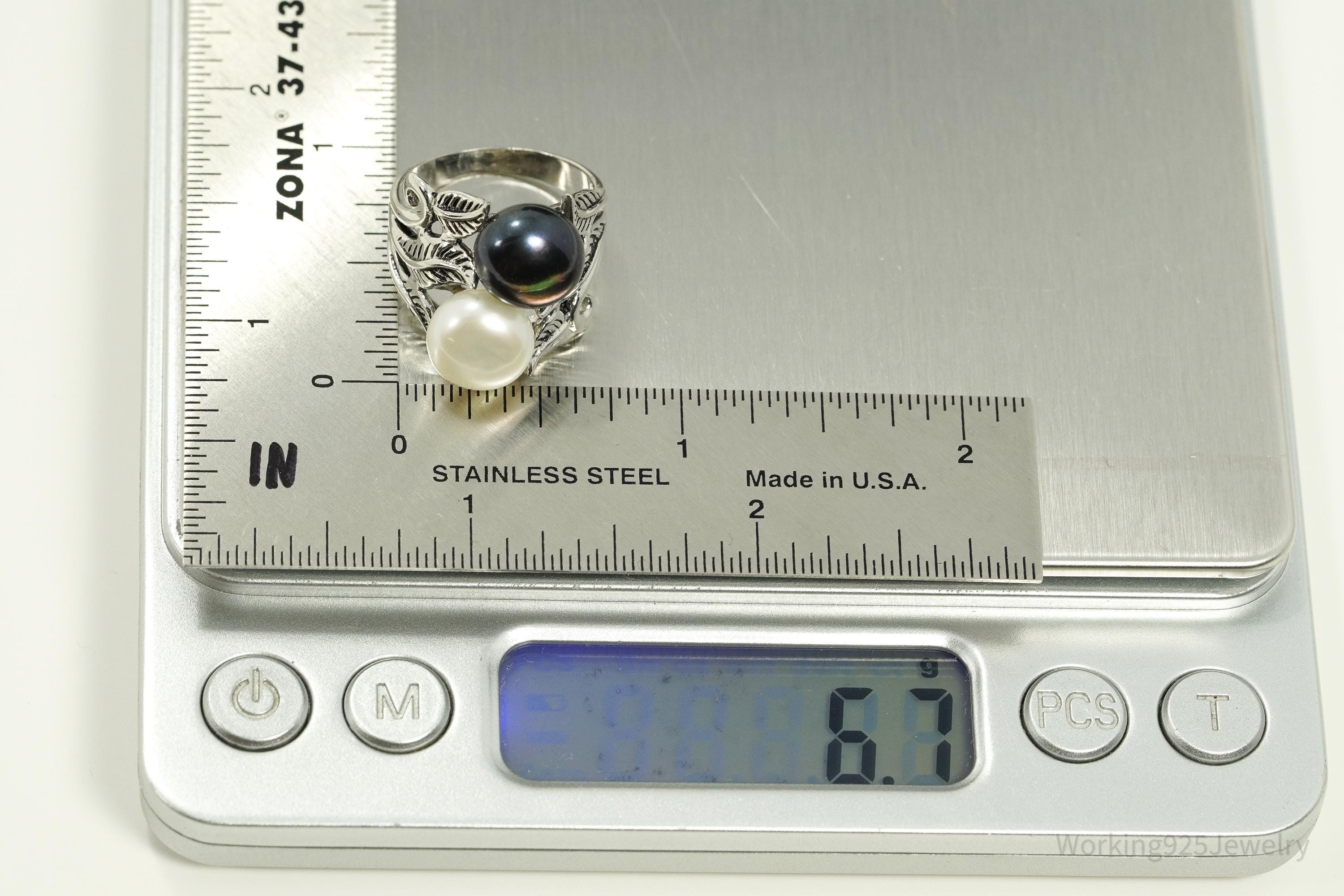 Vintage Designer CFJ White & Tahitian Pearl Sterling Silver Ring Size 7.25