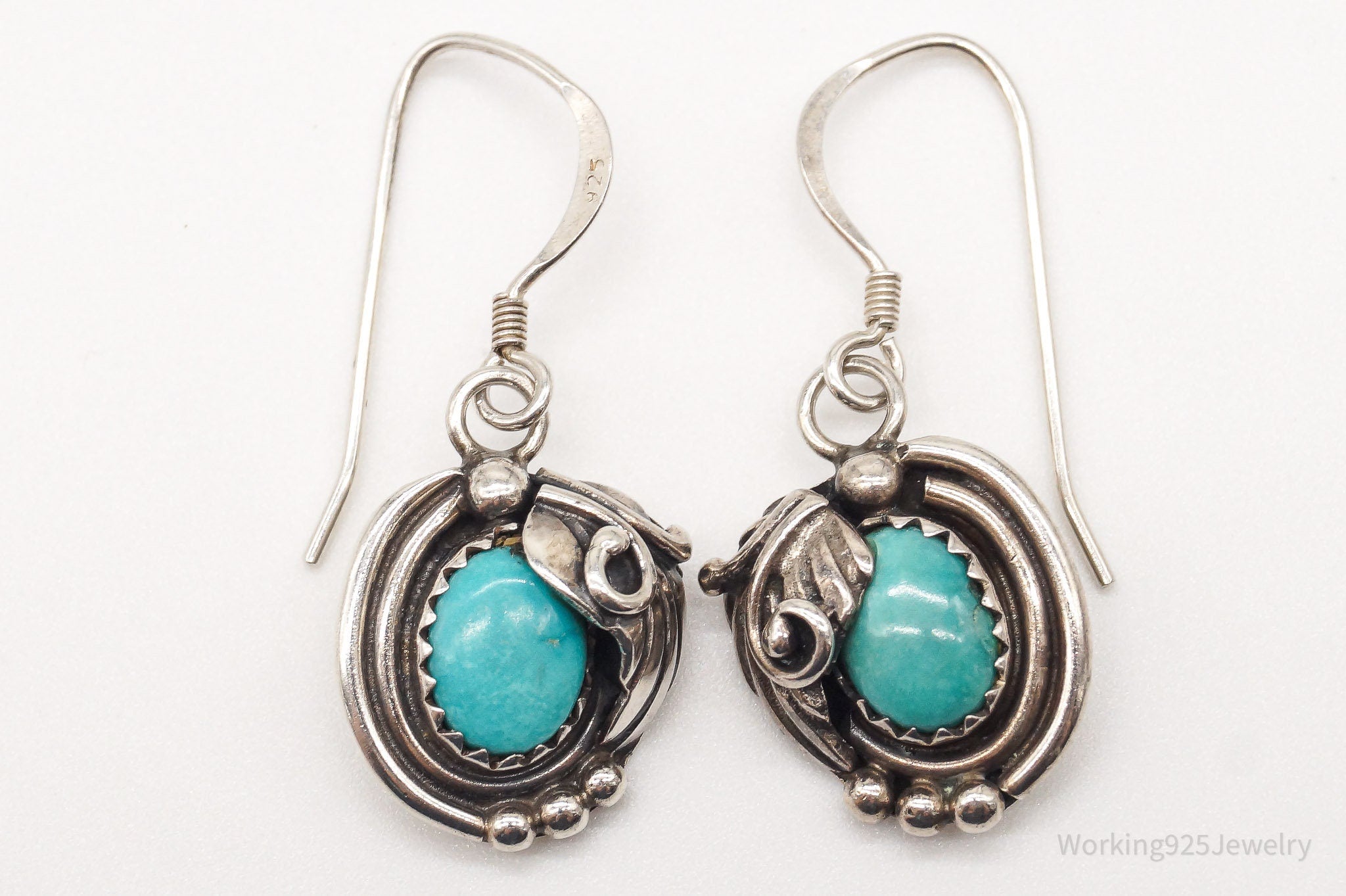 Vintage Native American Artisan LG Turquoise Sterling Silver Earrings