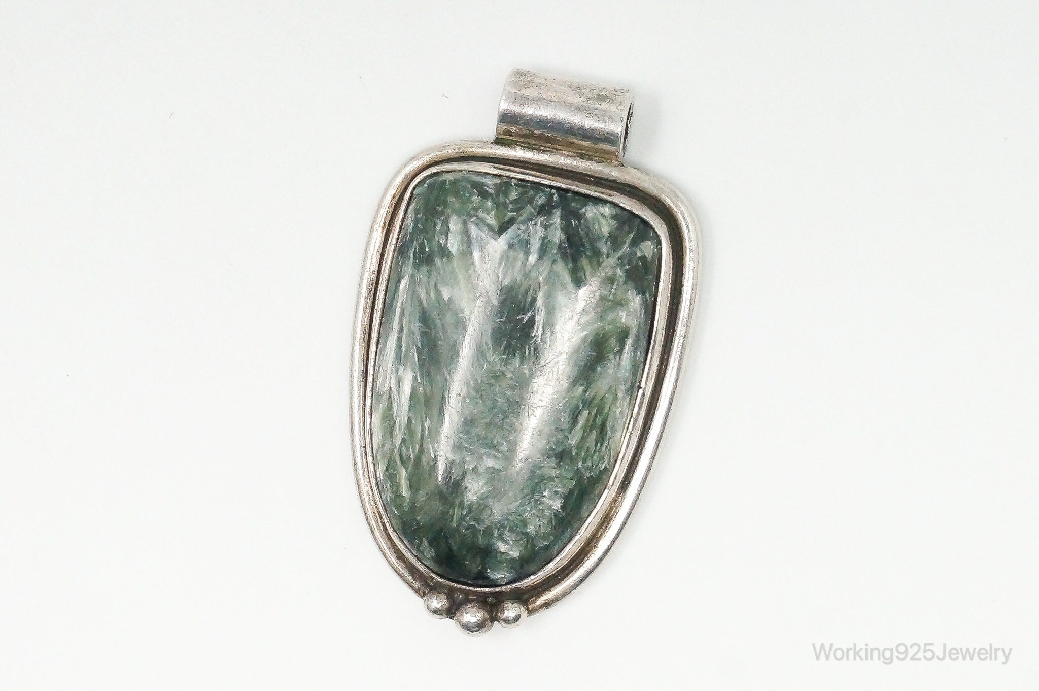 Vintage Large Green Seraphinite Sterling Silver Necklace Pendant