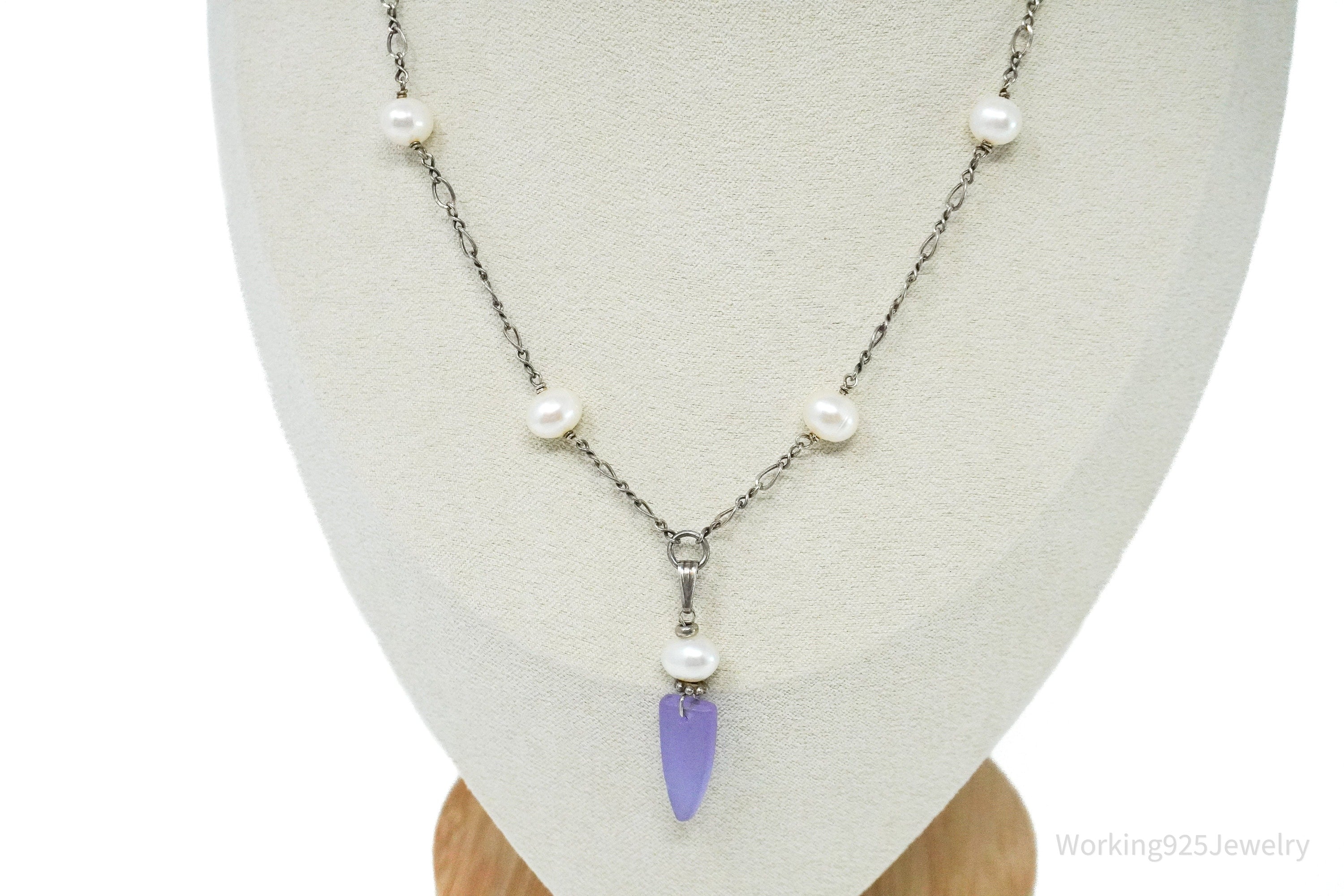 Vintage Pearl & Purple Stone Sterling Silver Necklace 18"