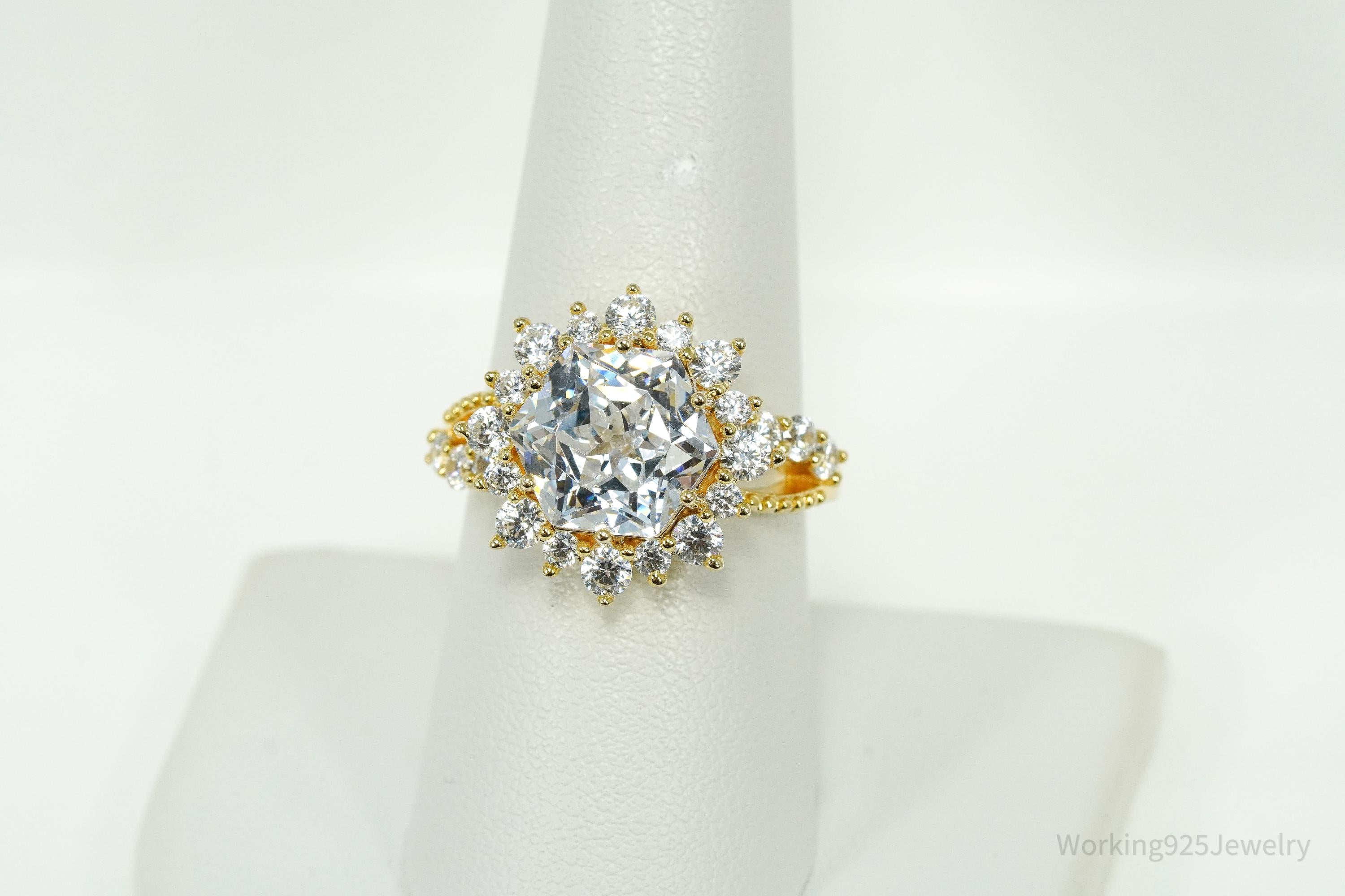 Large Cubic Zirconia Gold Over Sterling Silver Ring - Size 8