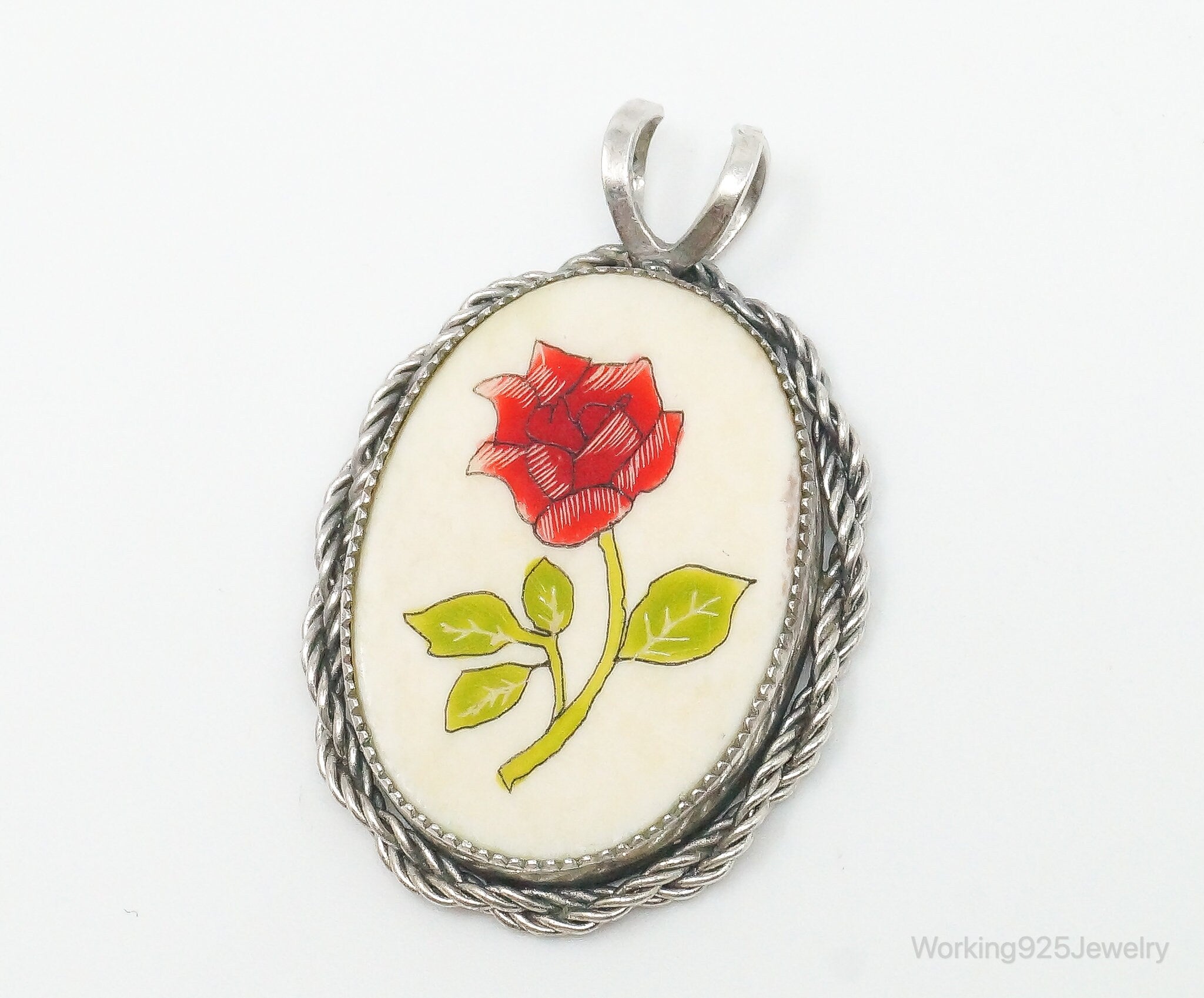 Vintage Painted Rose Bone Southwestern Sterling Silver Pendant