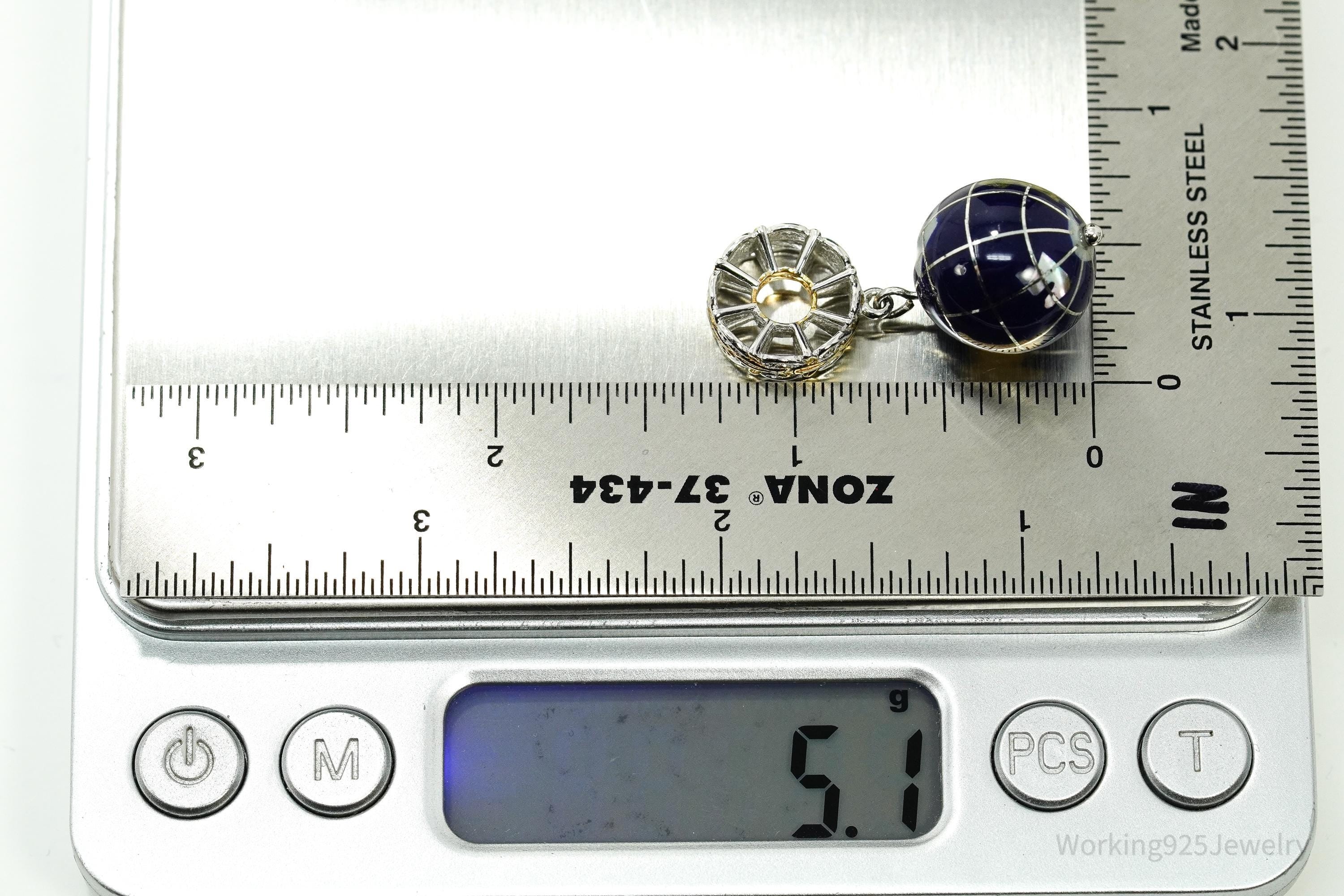 Designer Michael Valitutti Multi Gem Inlay Globe Gold Sterling Silver Charm Pendant