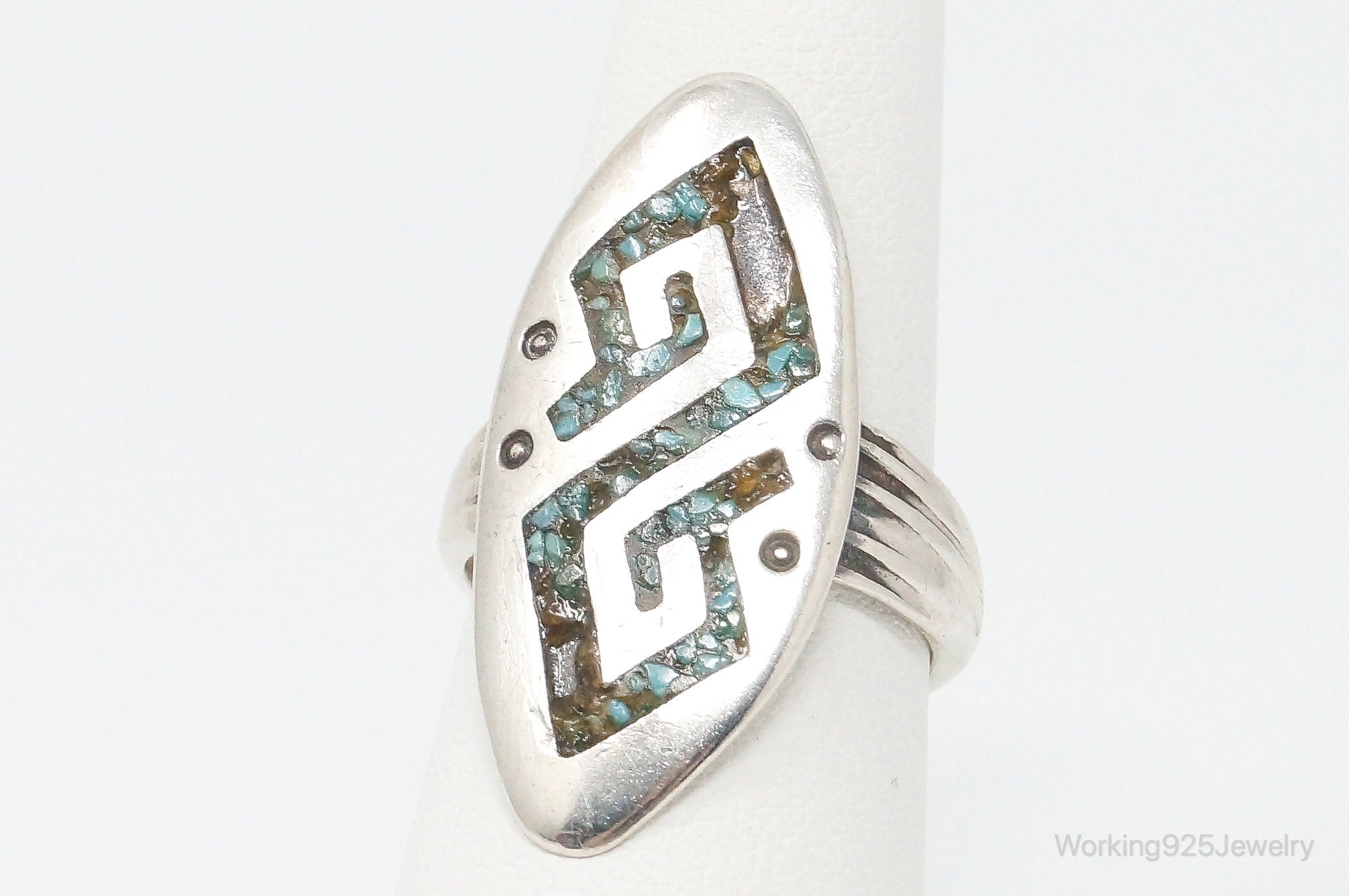 Vintage Native American Turquoise Inlay Unsigned Sterling Silver Ring - SZ 7