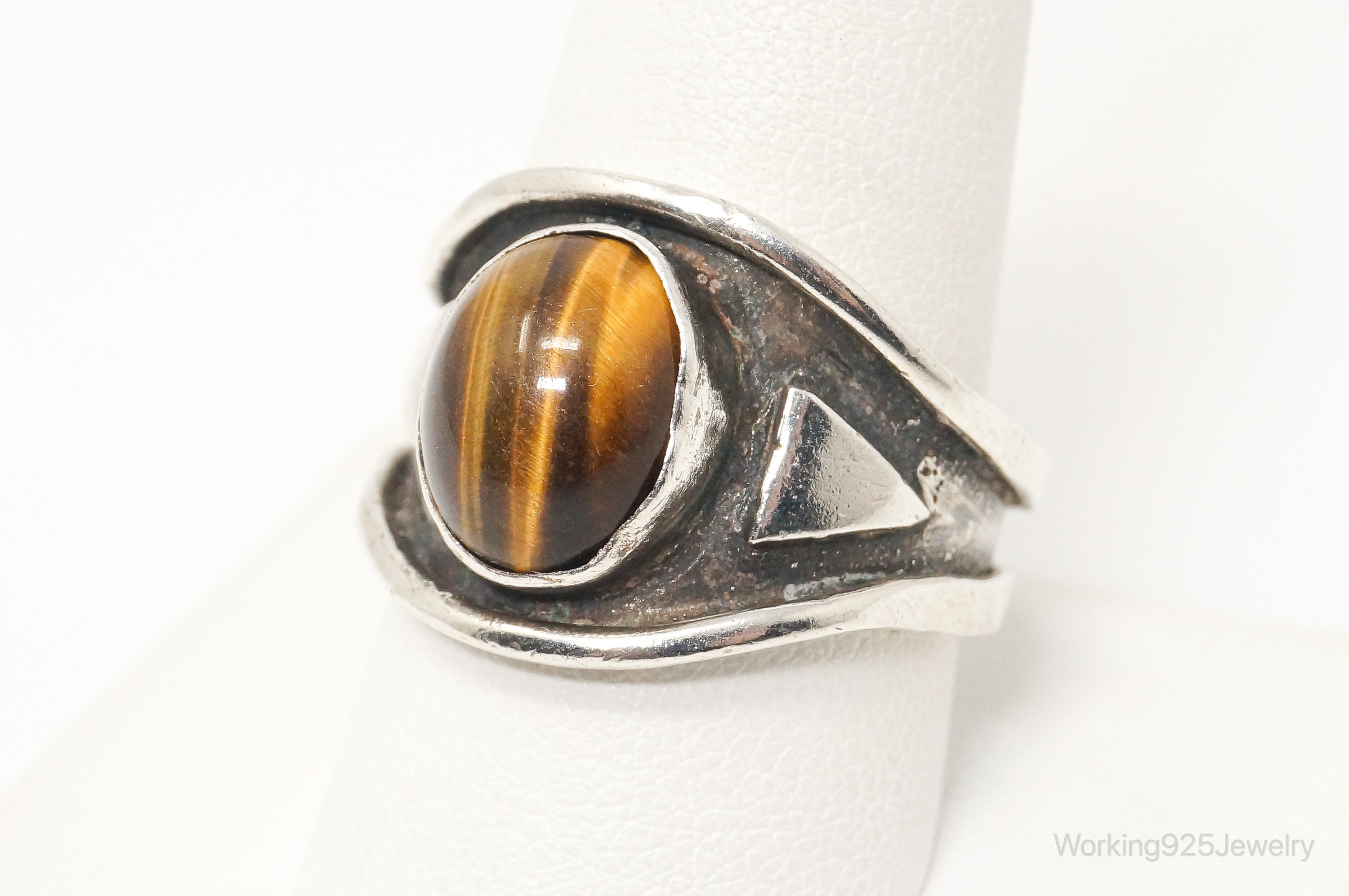 Vintage Native American Tigers Eye Unsigned Sterling Silver Ring - Sz 10