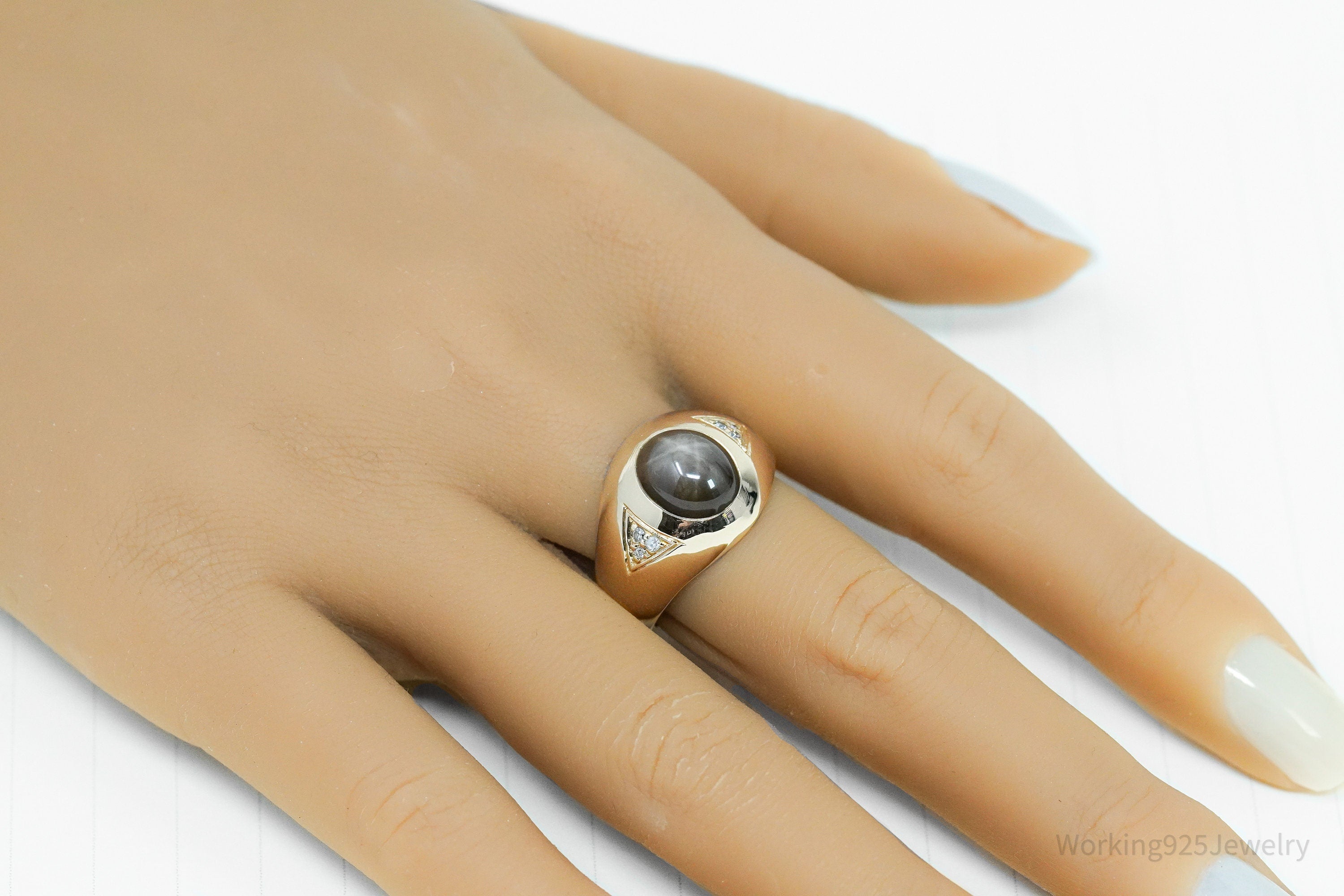 14K Yellow Gold, Synthetic Star Sapphire & Diamond Ring - Size 9.5