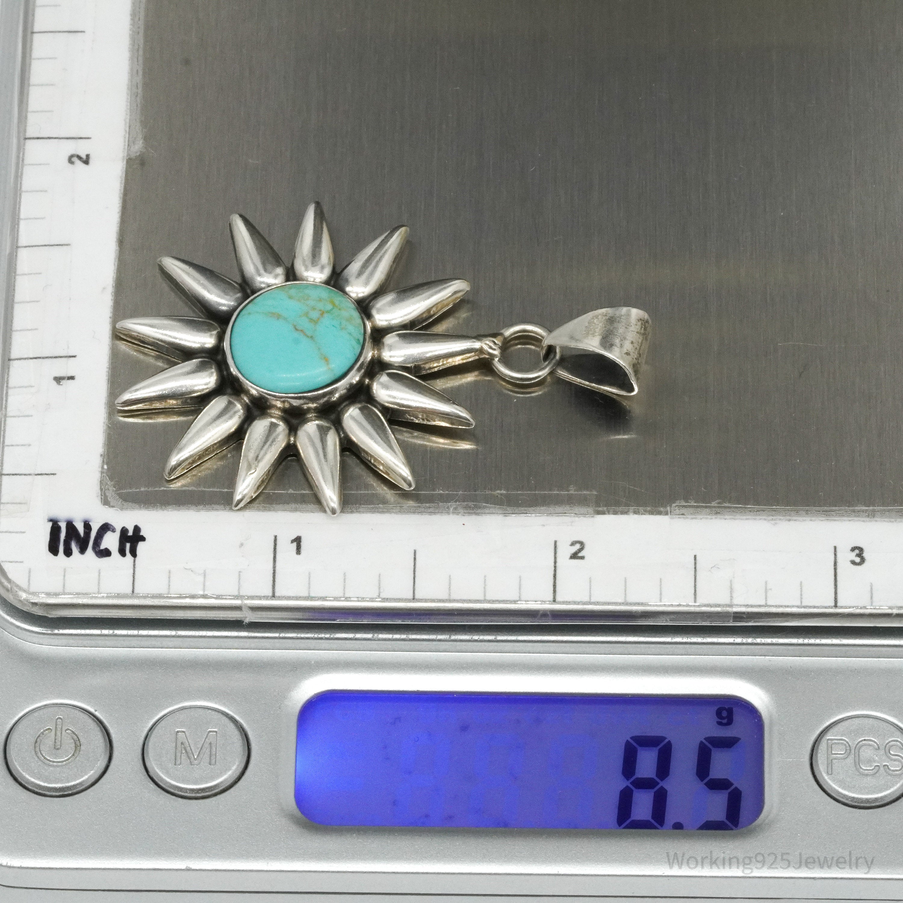 Large Vintage Mexico Turquoise Sun Sterling Silver Pendant 2"