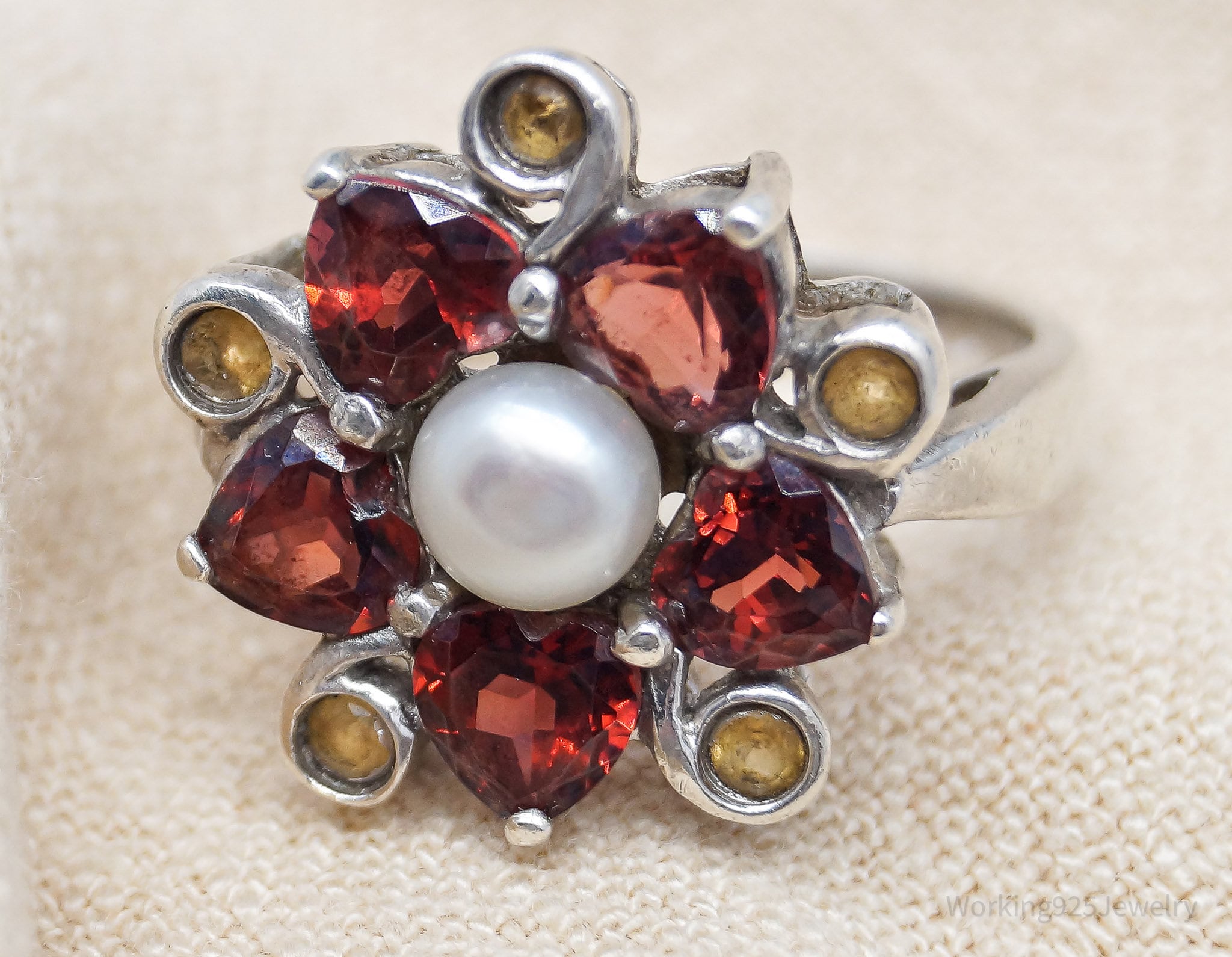 Vintage Sterling Silver garnet and pearl outlet ring