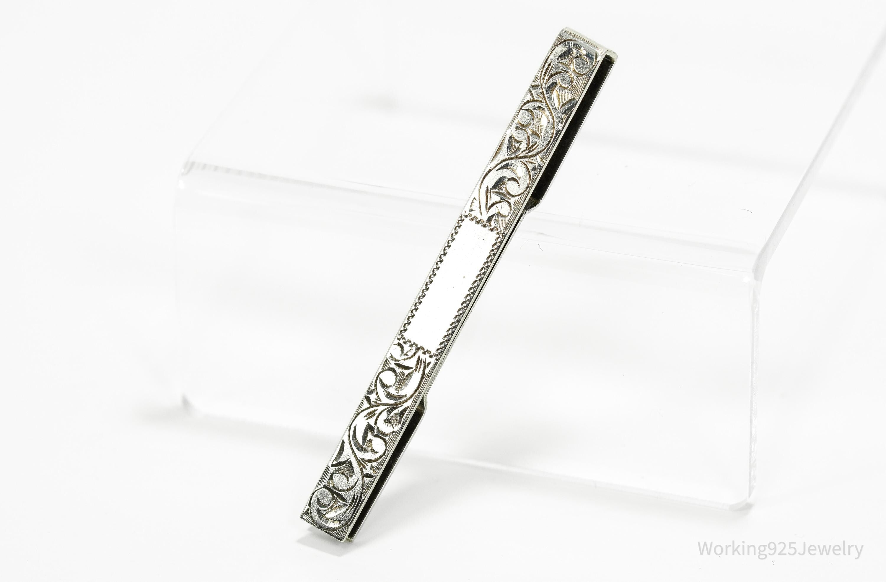Vintage Floral Etched 950 Sterling Silver Money Tie Money Clip