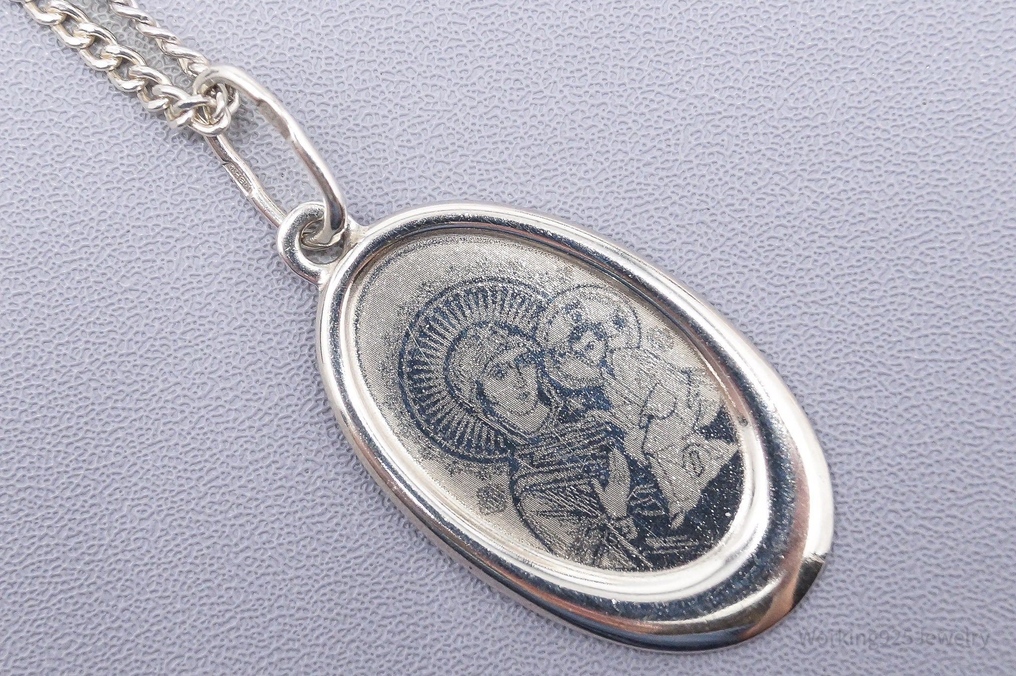 Antique Mary & Jesus Sterling Silver Necklace 17"