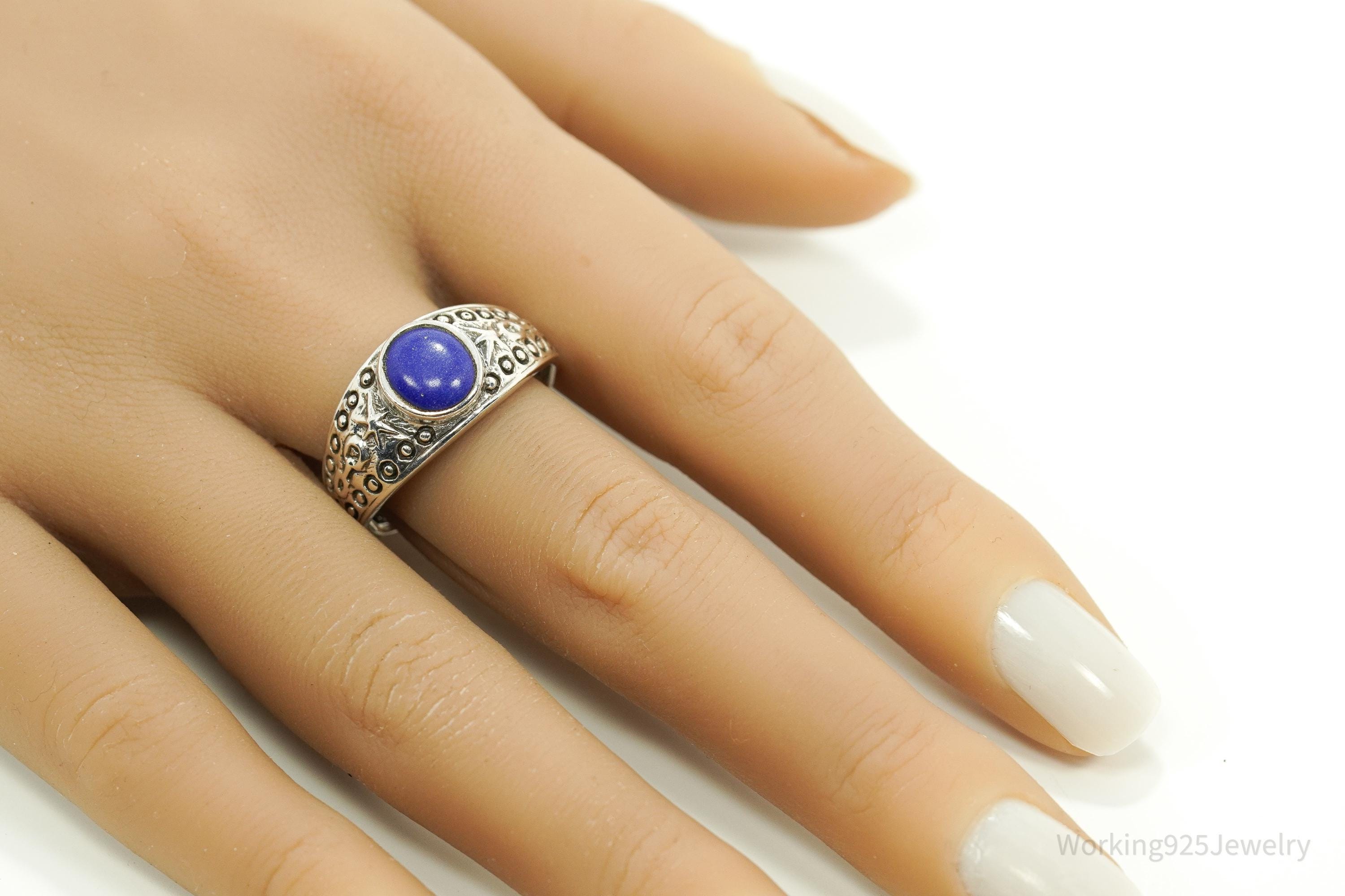 Vintage Lapis Lazuli Viking Style Sterling Silver Ring - Size 11.25
