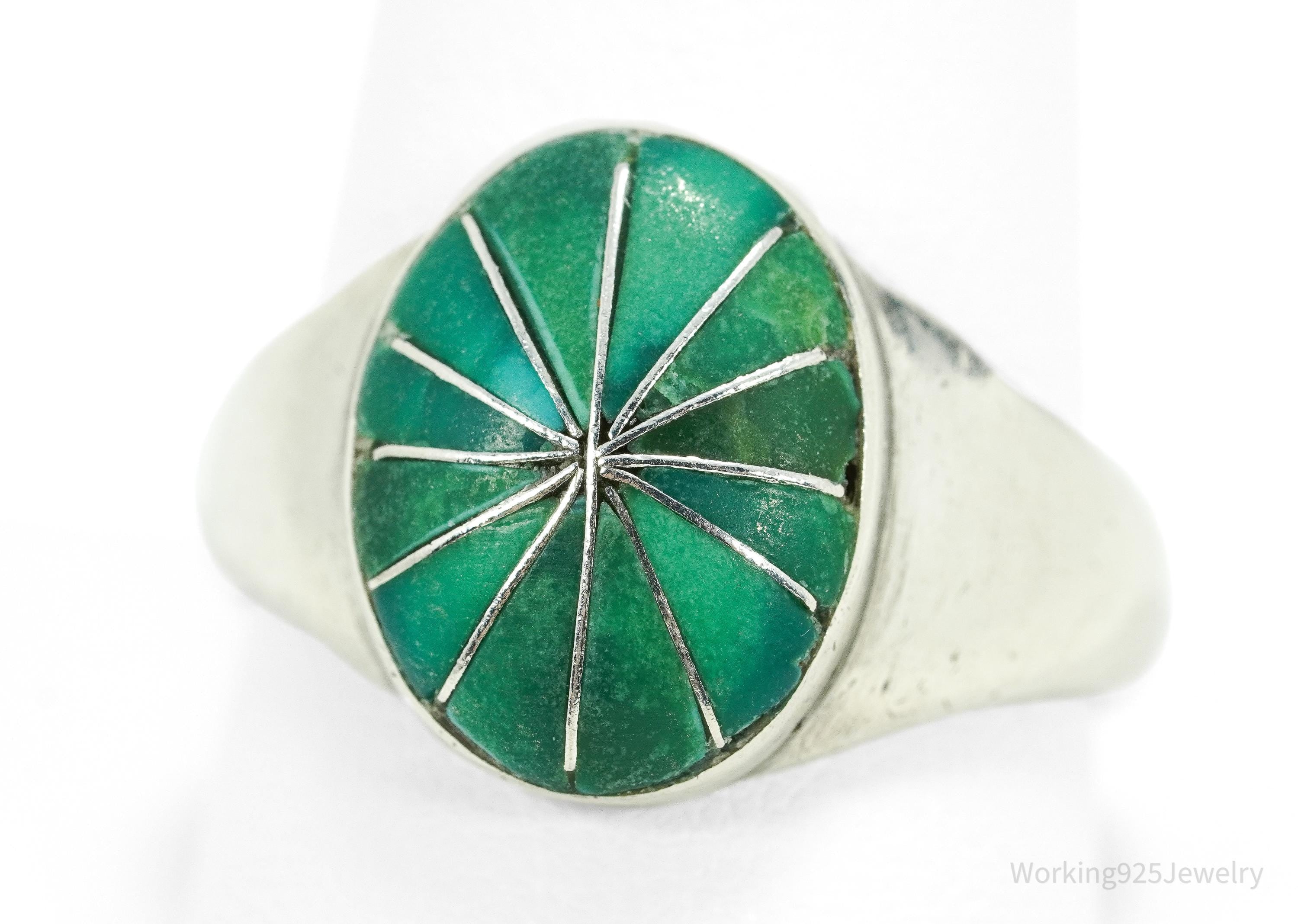 Vintage Handmade Native American Turquoise Inlay Silver Ring - Size 11.25