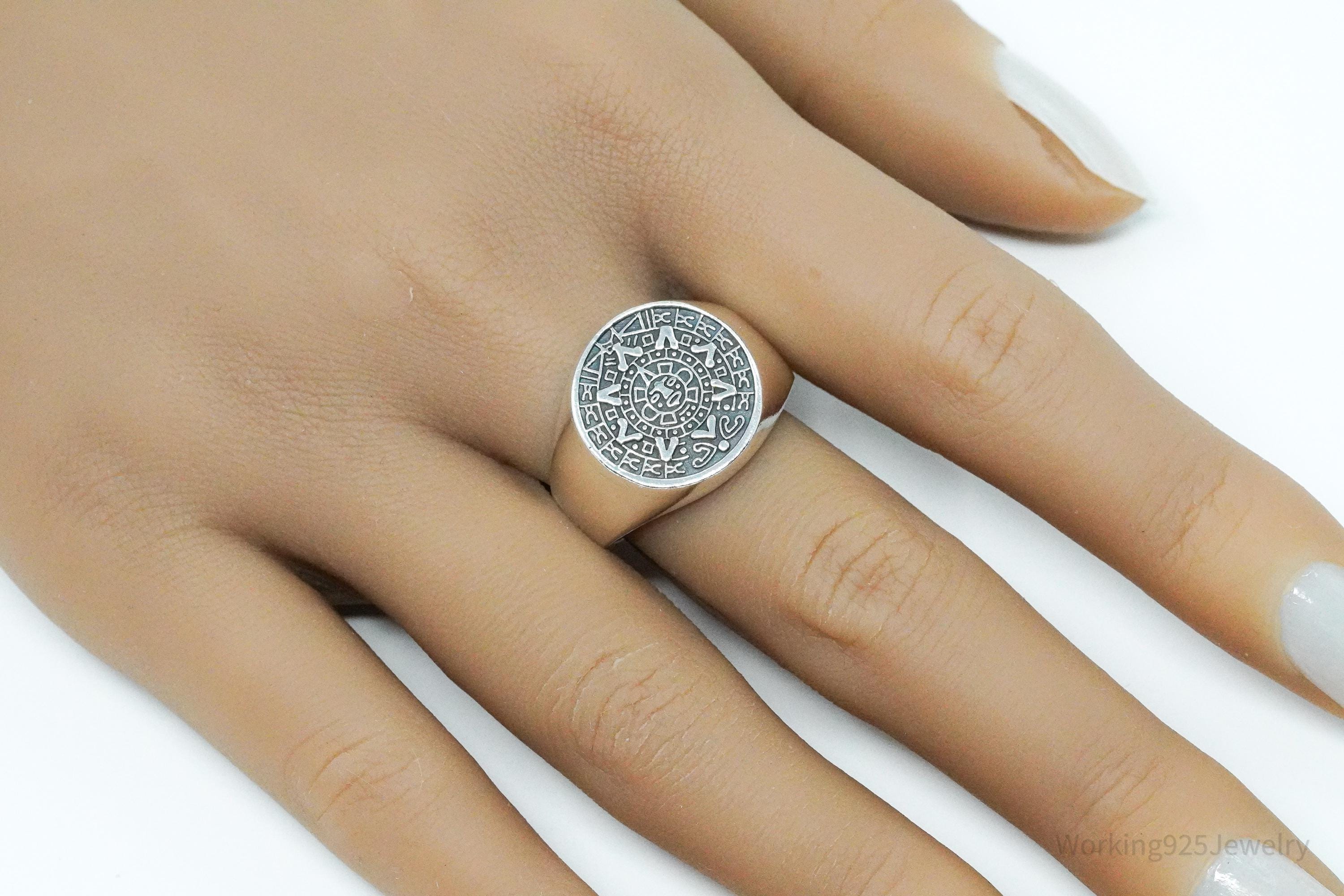 Vintage Aztec Mayan Sun Calendar Sterling Silver Ring Size 11.5