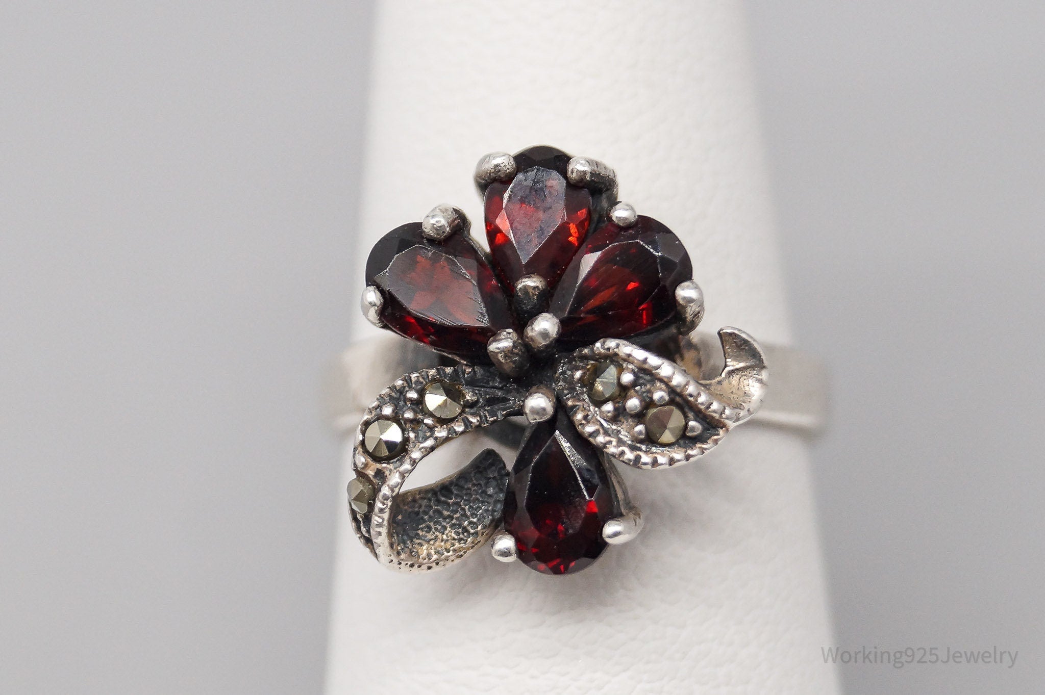 Vintage Garnet Marcasite Sterling Silver Ring - Size 7