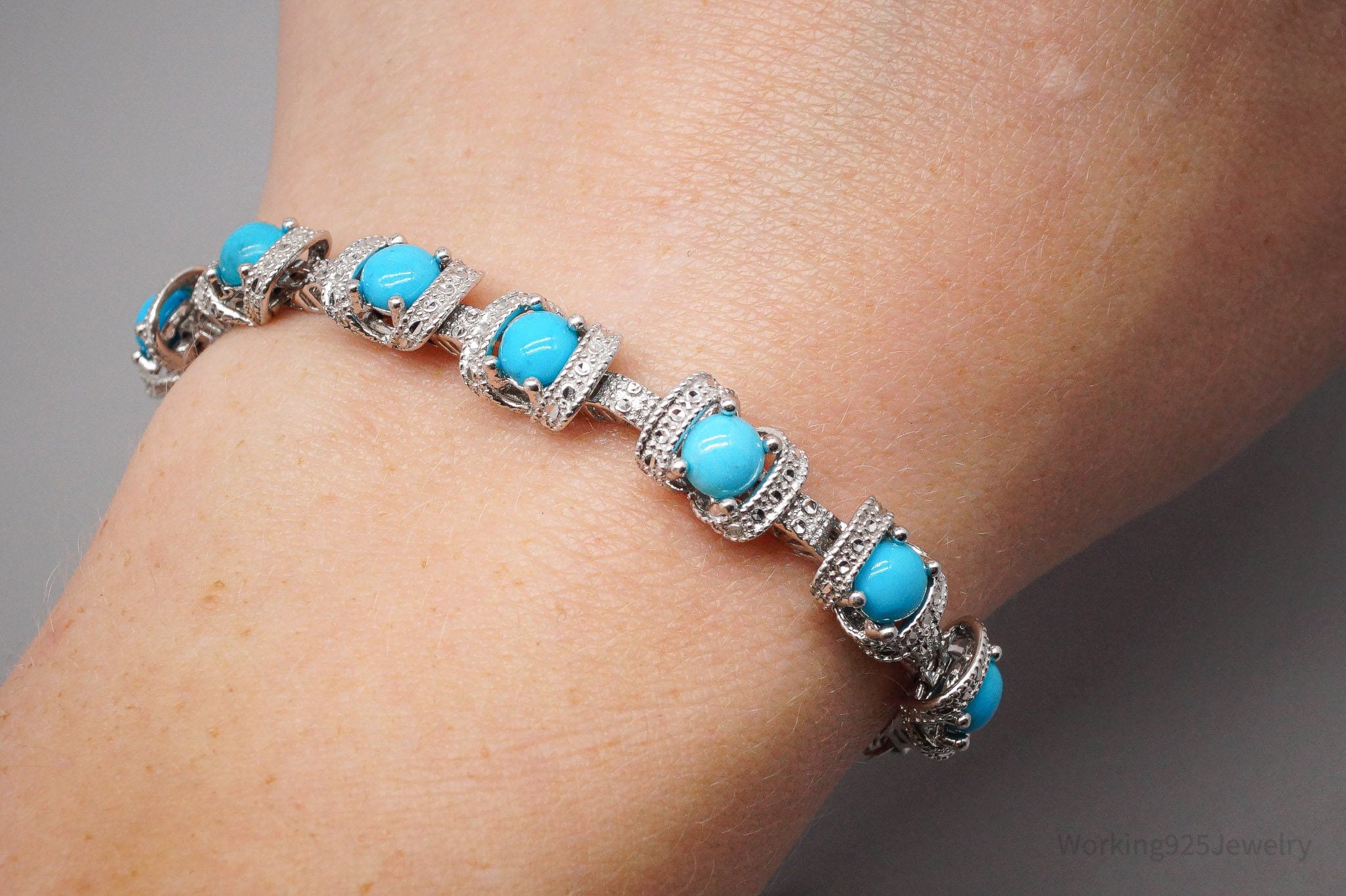 Vintage Blue Turquoise Sterling Silver Adjustable Bracelet / Anklet - 9 7/8"