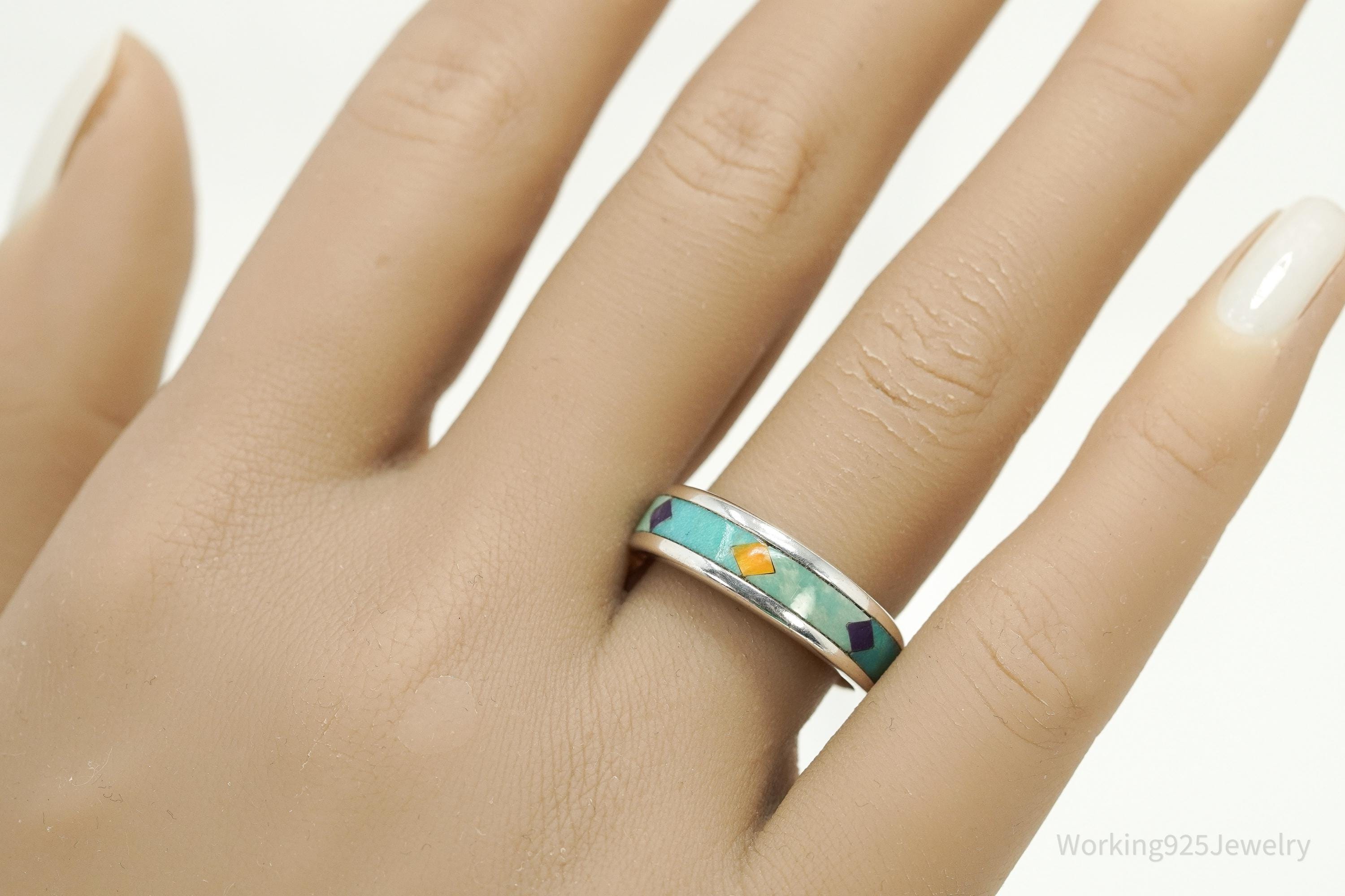 Vintage WJ Waldeck Johnson Sterling Silver Ring • Southwest Gem Inlay Sz 8