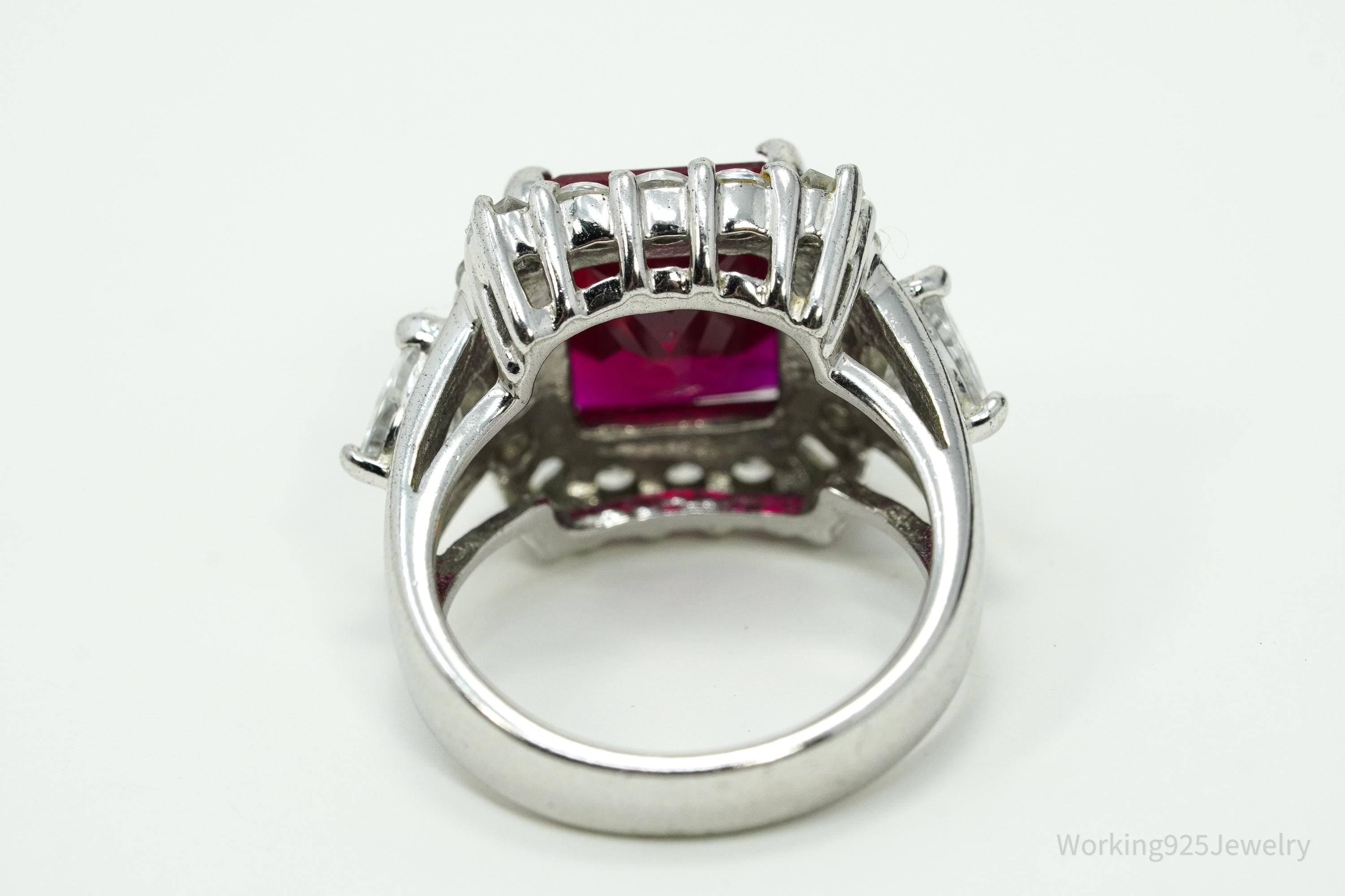 Vintage Lab Ruby & Cubic Zirconia Sterling Silver Ring - Size 6