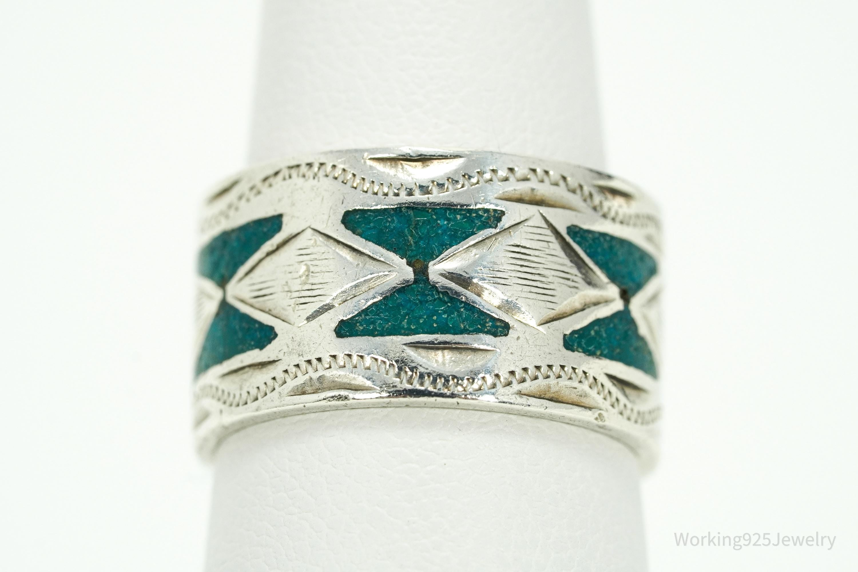 Vintage Mexico JGM Turquoise Inlay Sterling Silver Ring - Size 7.25