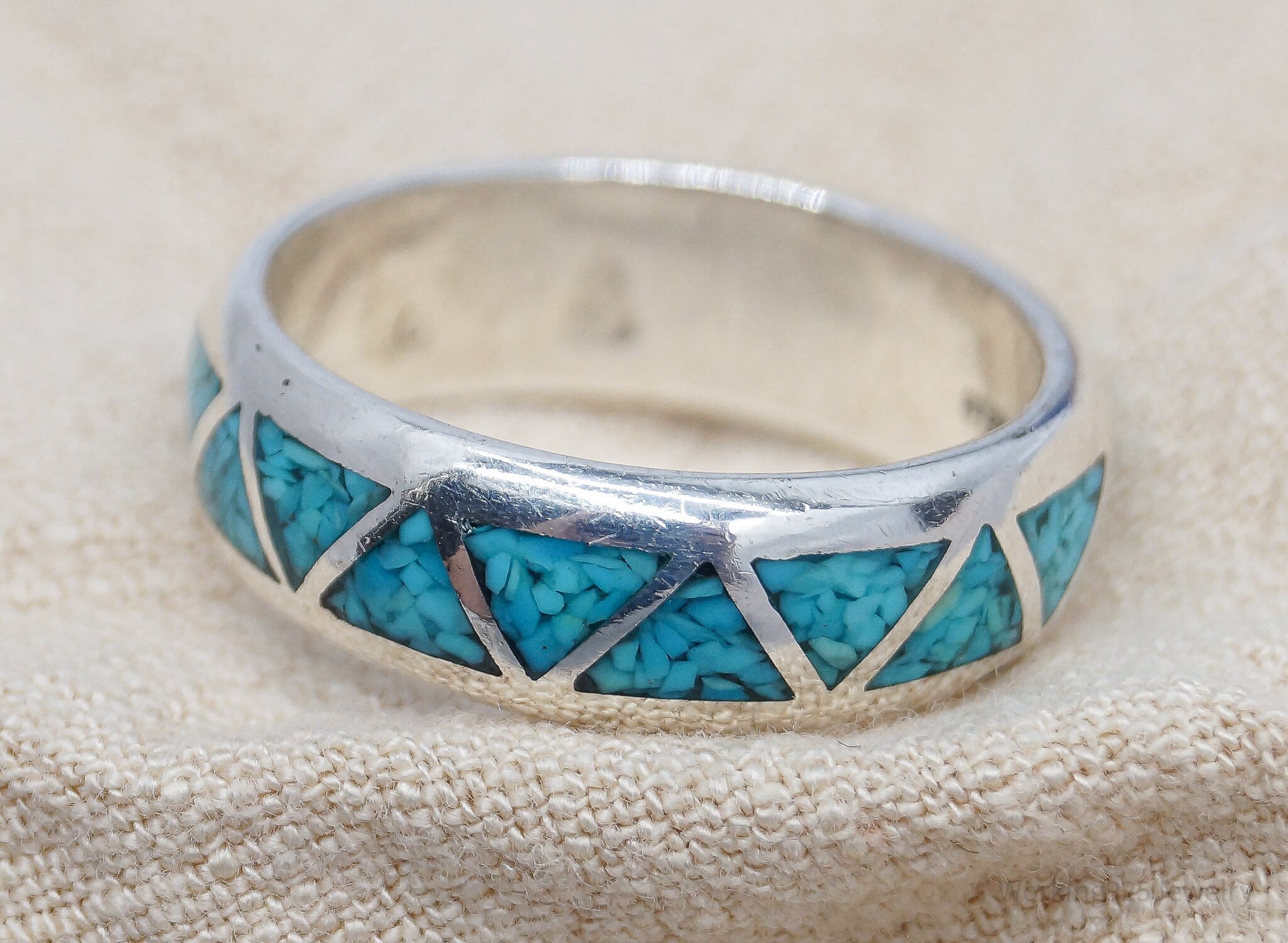 Vintage Native American Turquoise Inlay Sterling Silver Band Ring - Size 11.5