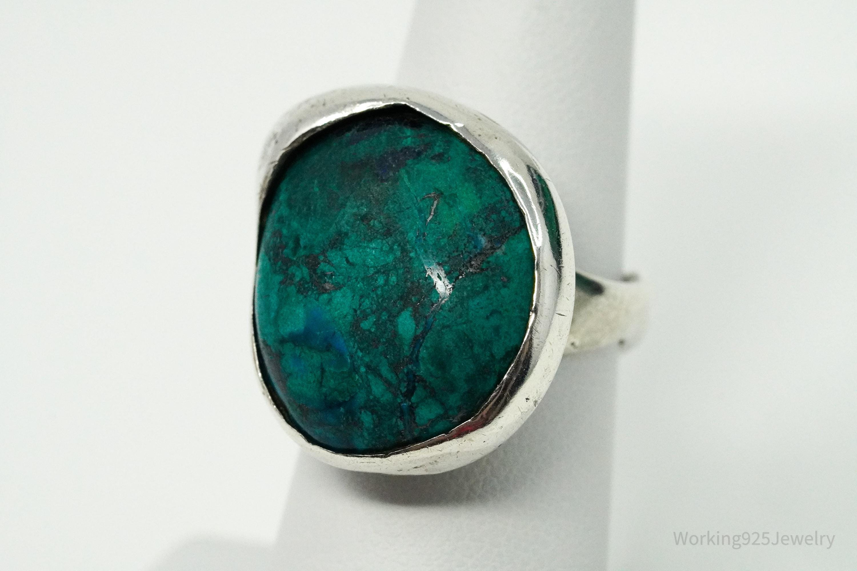 Vintage Azurite Malachite Modernist Style Silver Ring - Size 6.5