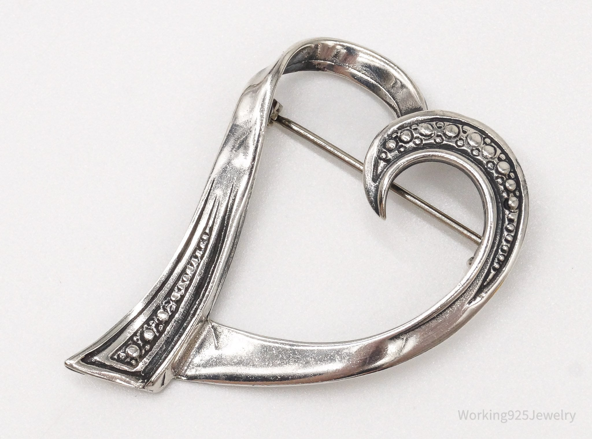 Vintage Open Heart Art Deco Sterling Silver Brooch Pin