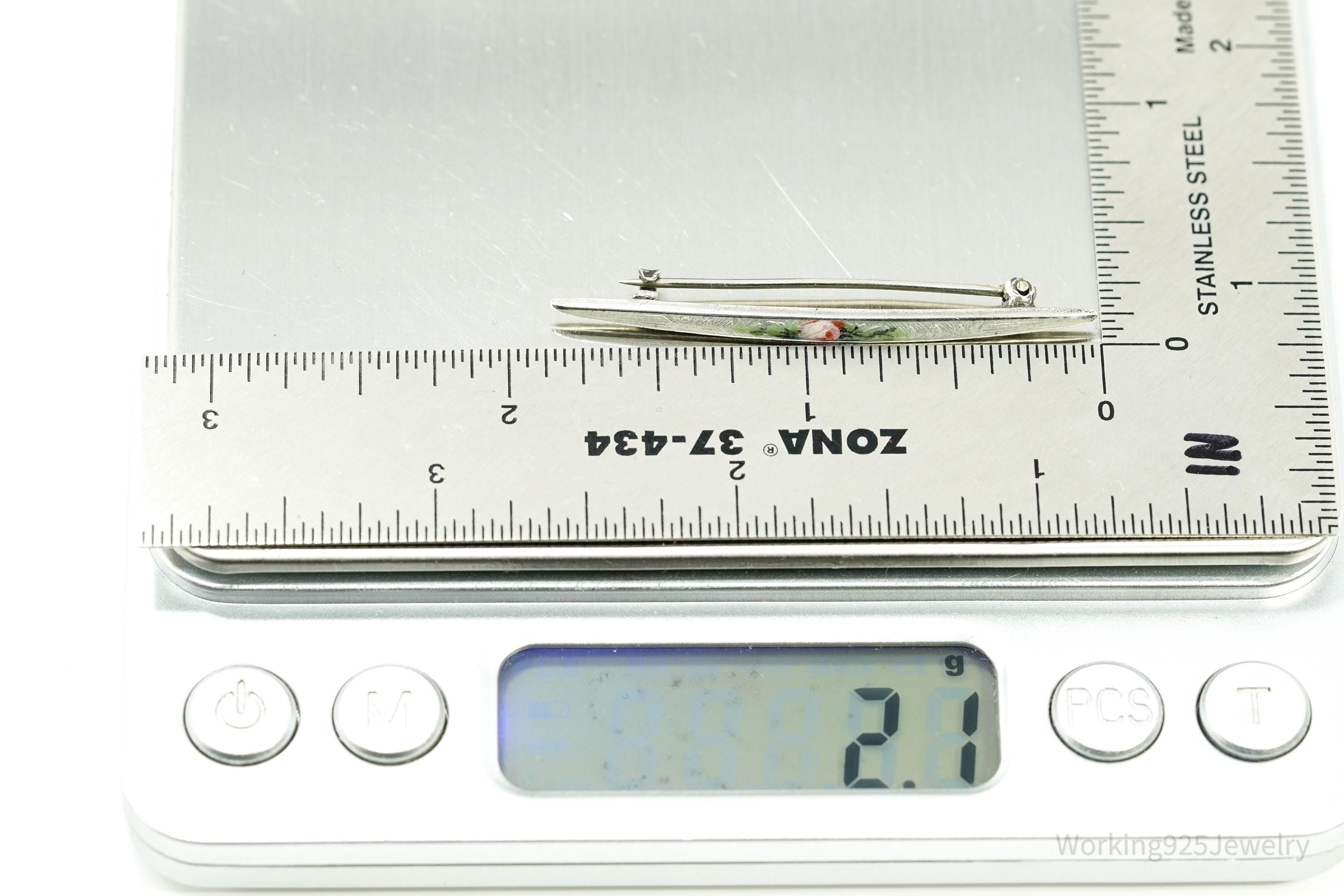 Antique Victorian Rose Guilloche Enamel Sterling Silver Brooch Pin