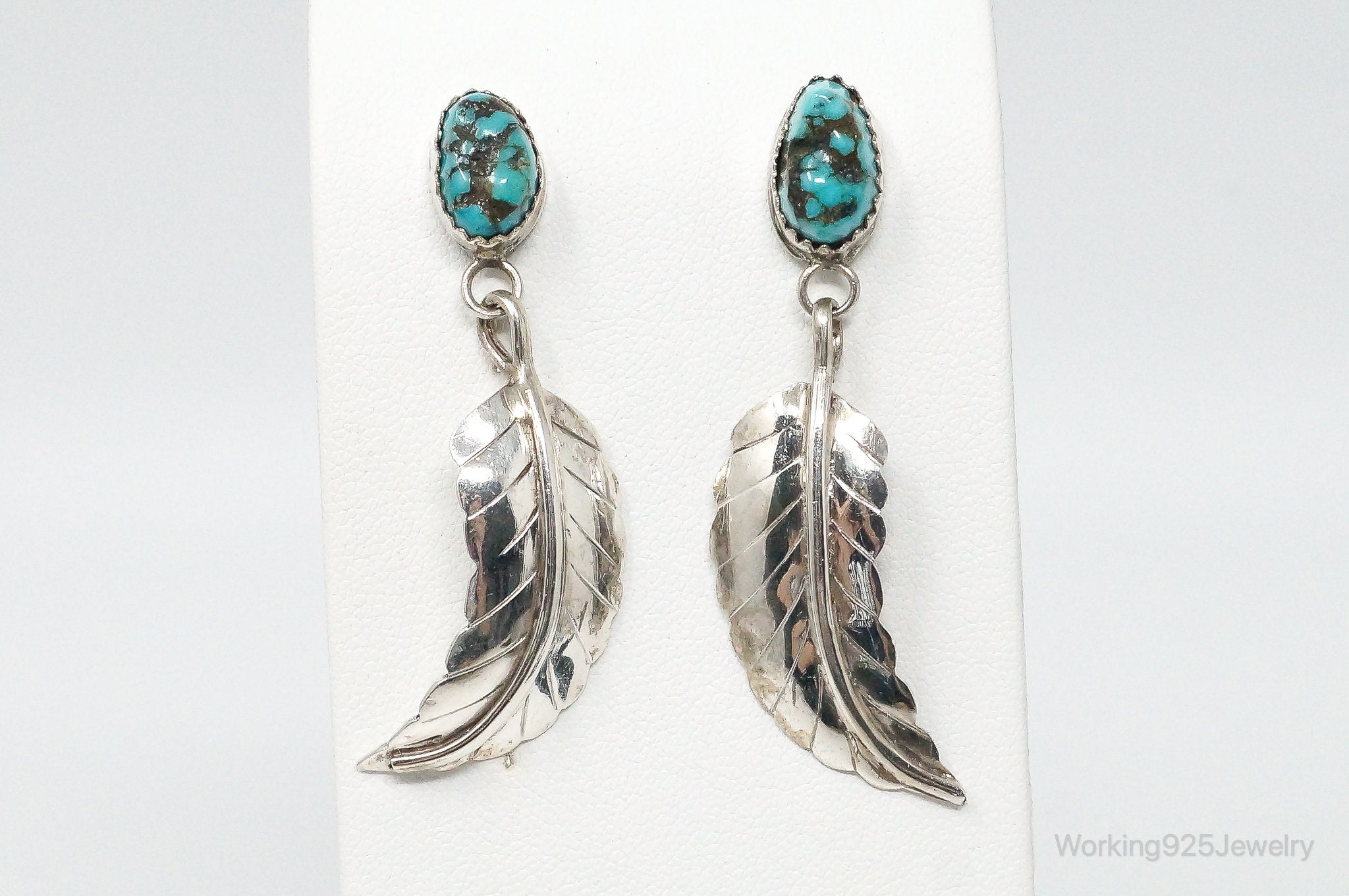 Vintage Native American Turquoise Feather Sterling Silver Earrings