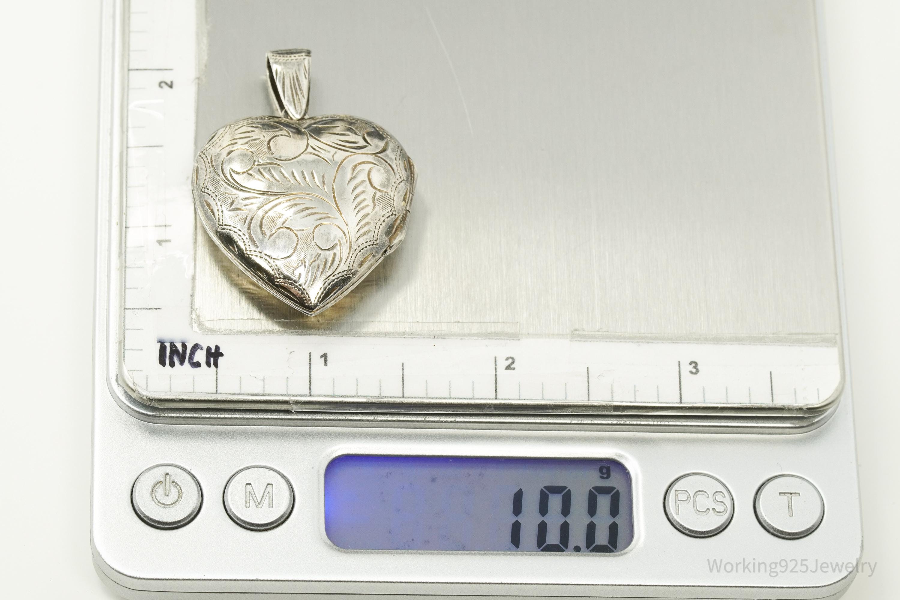 Vintage Etched Floral Heart Picture Locket Sterling Silver Pendant
