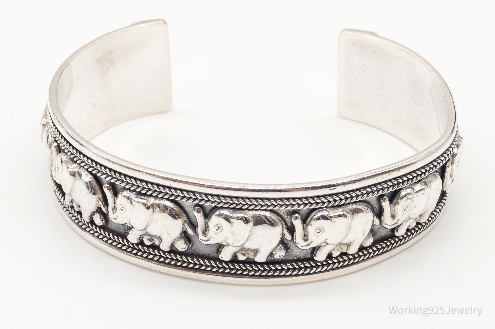 Vintage Safari Elephants Sterling Silver Cuff Bracelet