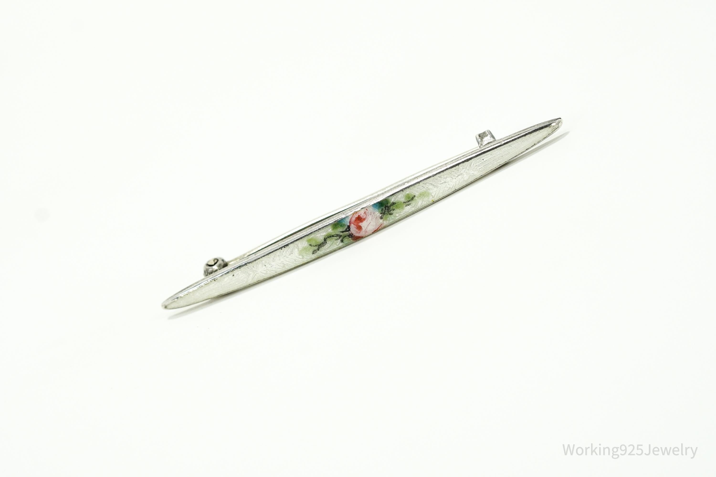 Antique Victorian Rose Guilloche Enamel Sterling Silver Brooch Pin