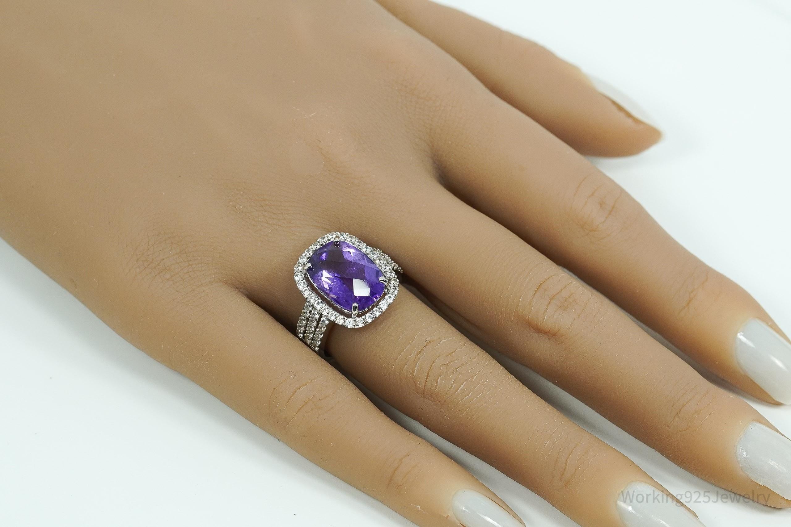 Vintage Amethyst & White Topaz Sterling Silver Ring - Size 7