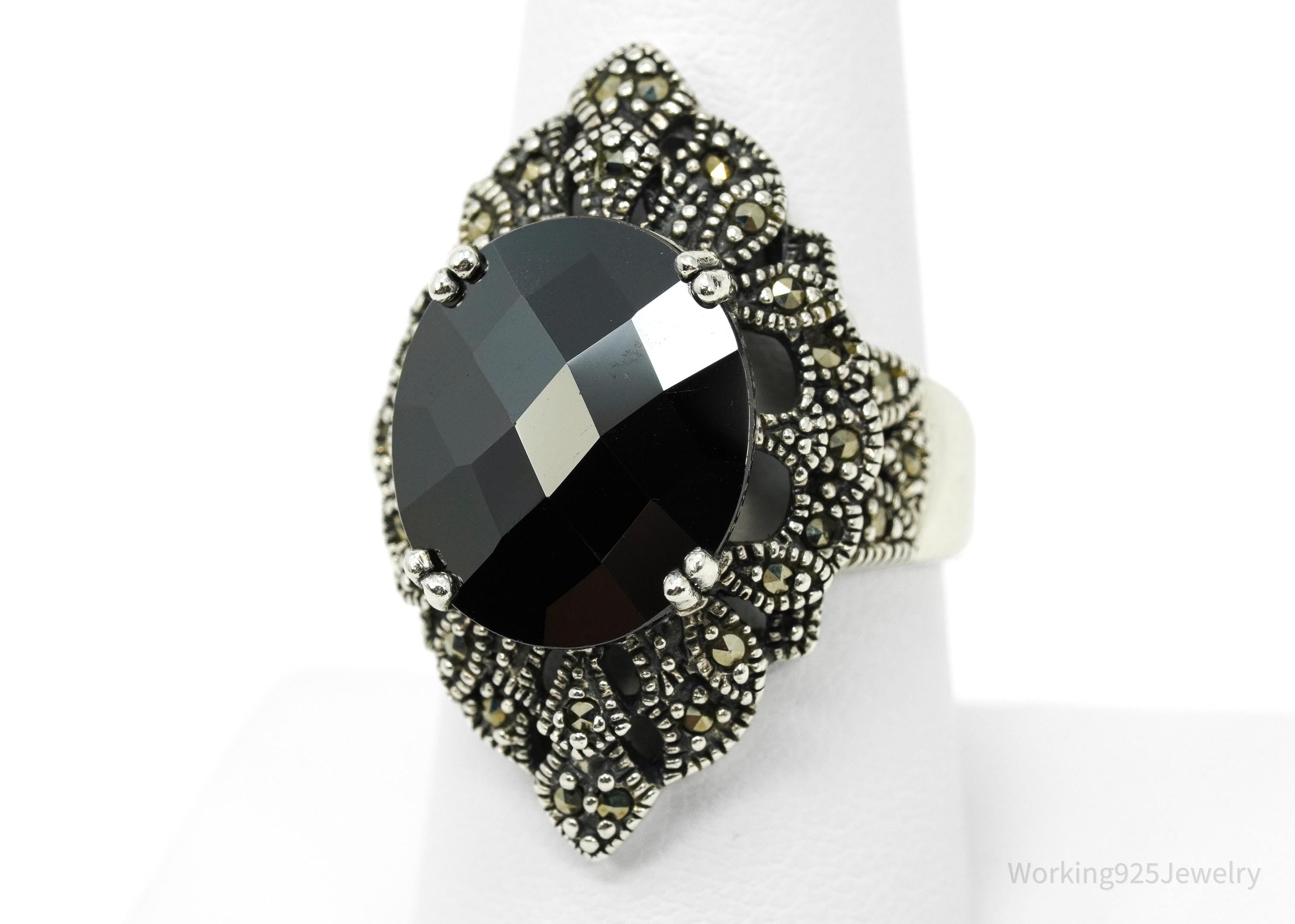Vintage Black Onyx & Marcasite Sterling Silver Ring - Size 8
