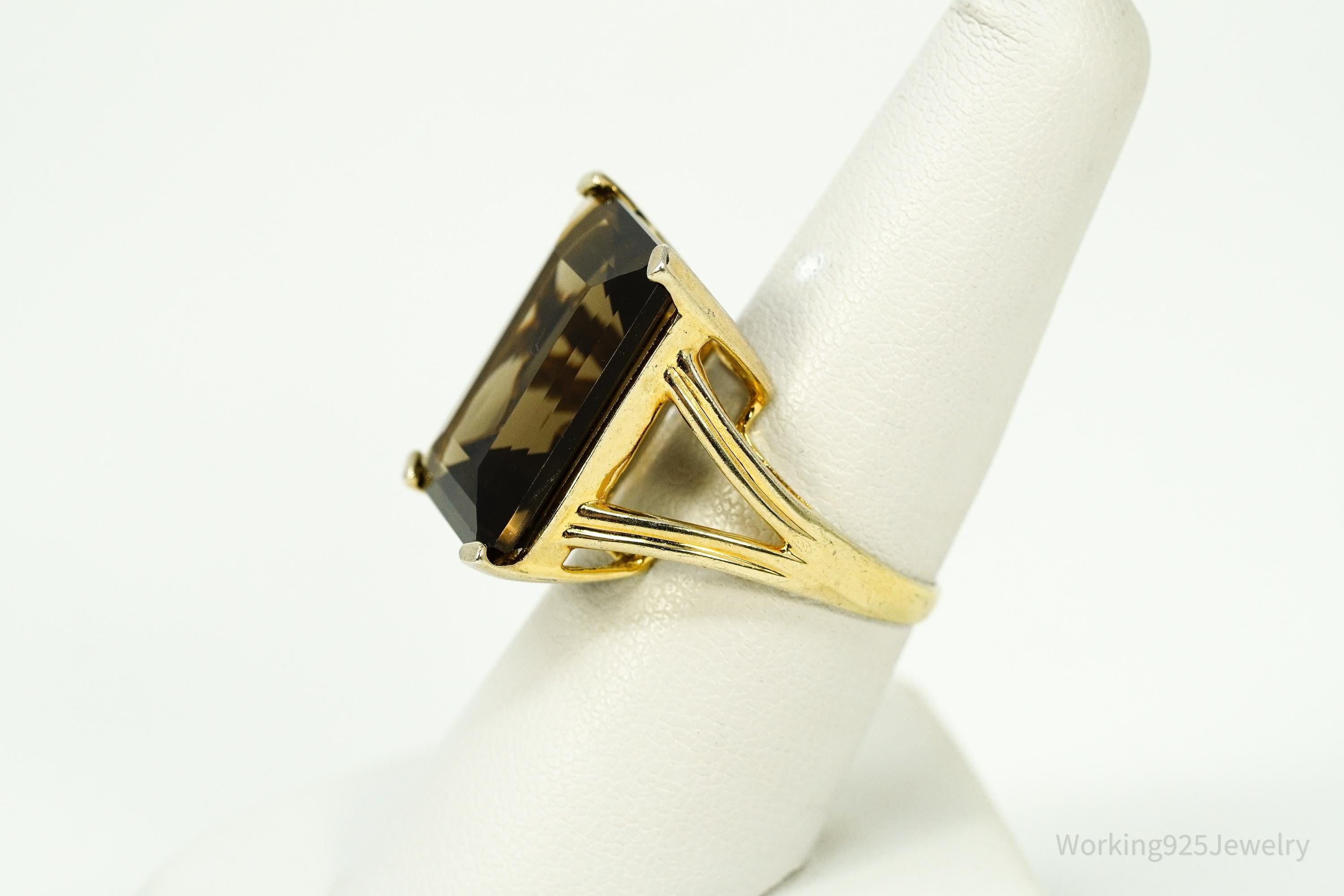 Vintage Large Smoky Topaz Gold Vermeil Sterling Silver Ring - Size 7.5