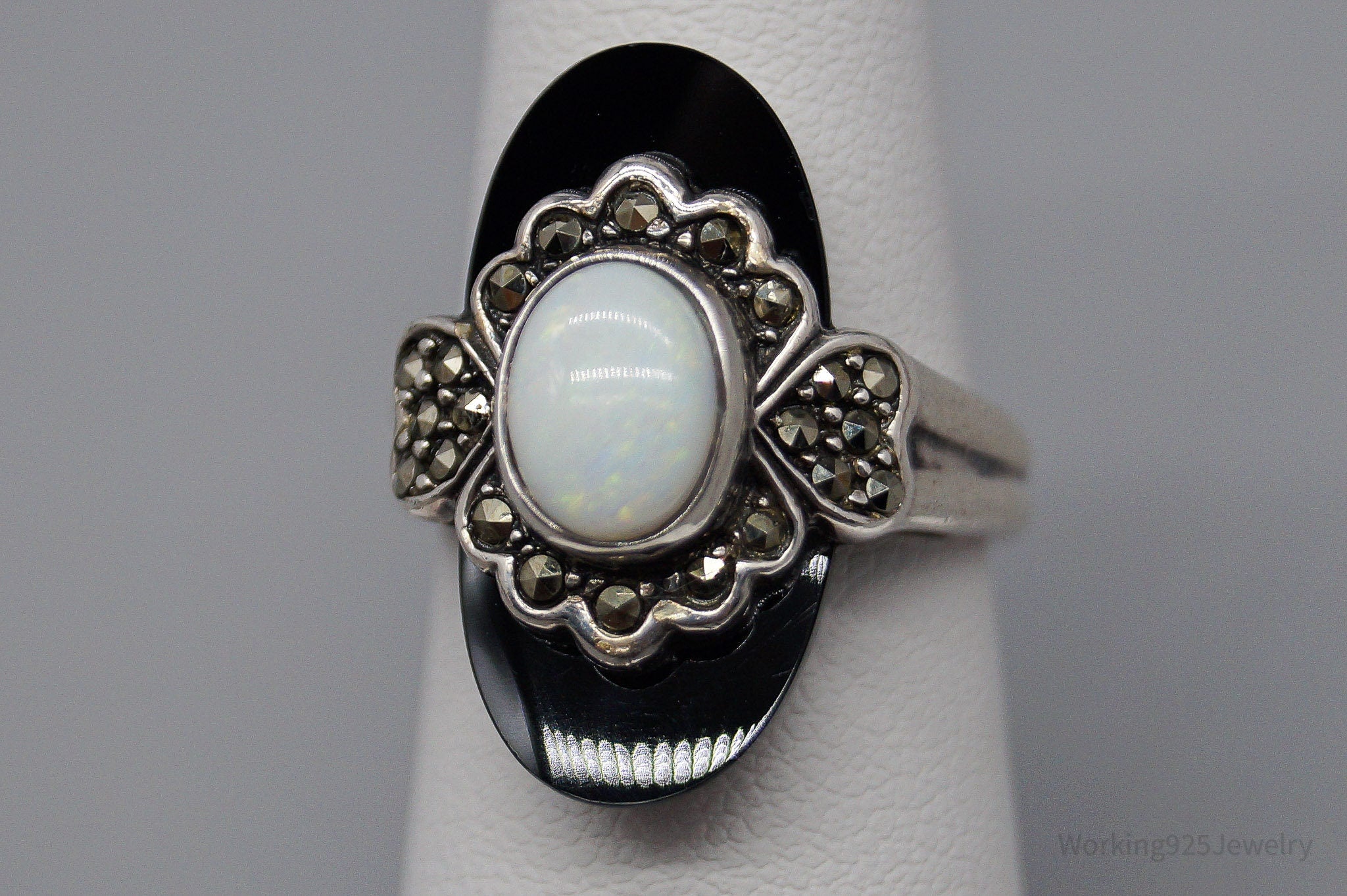 VTG Chapal-Zenray Opal Black Onyx Marcasite Sterling Silver Ring Size 6