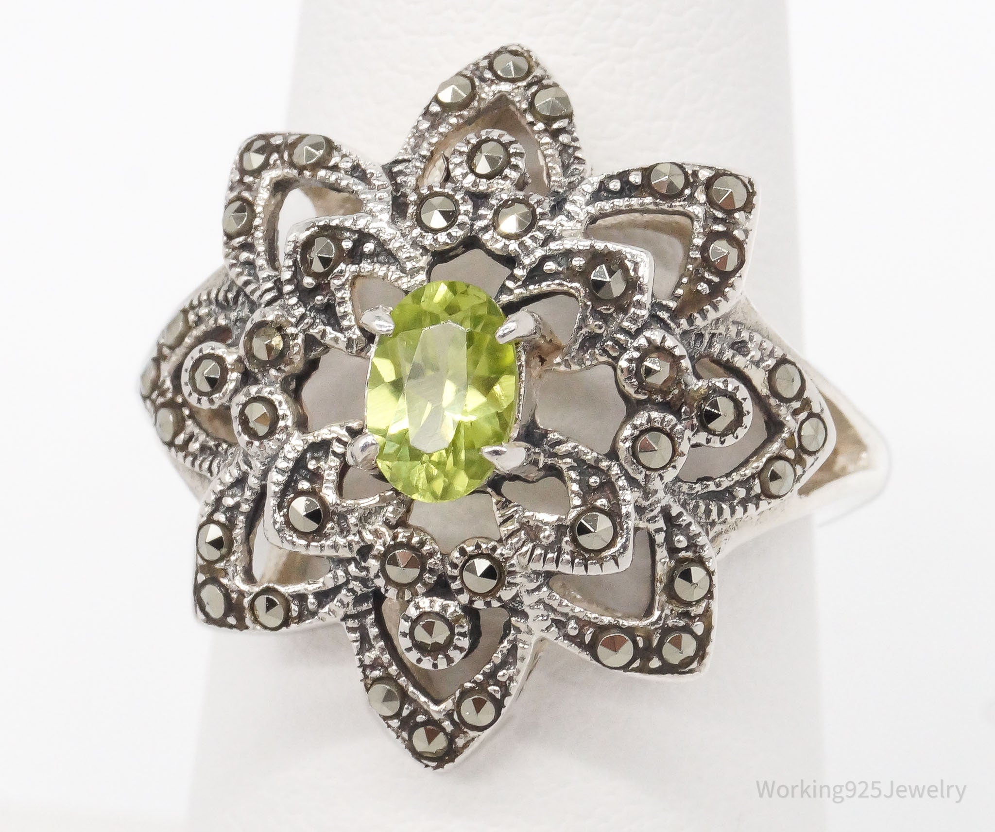 Vintage Peridot Marcasite Flower Sterling Silver Ring - Size 6.75