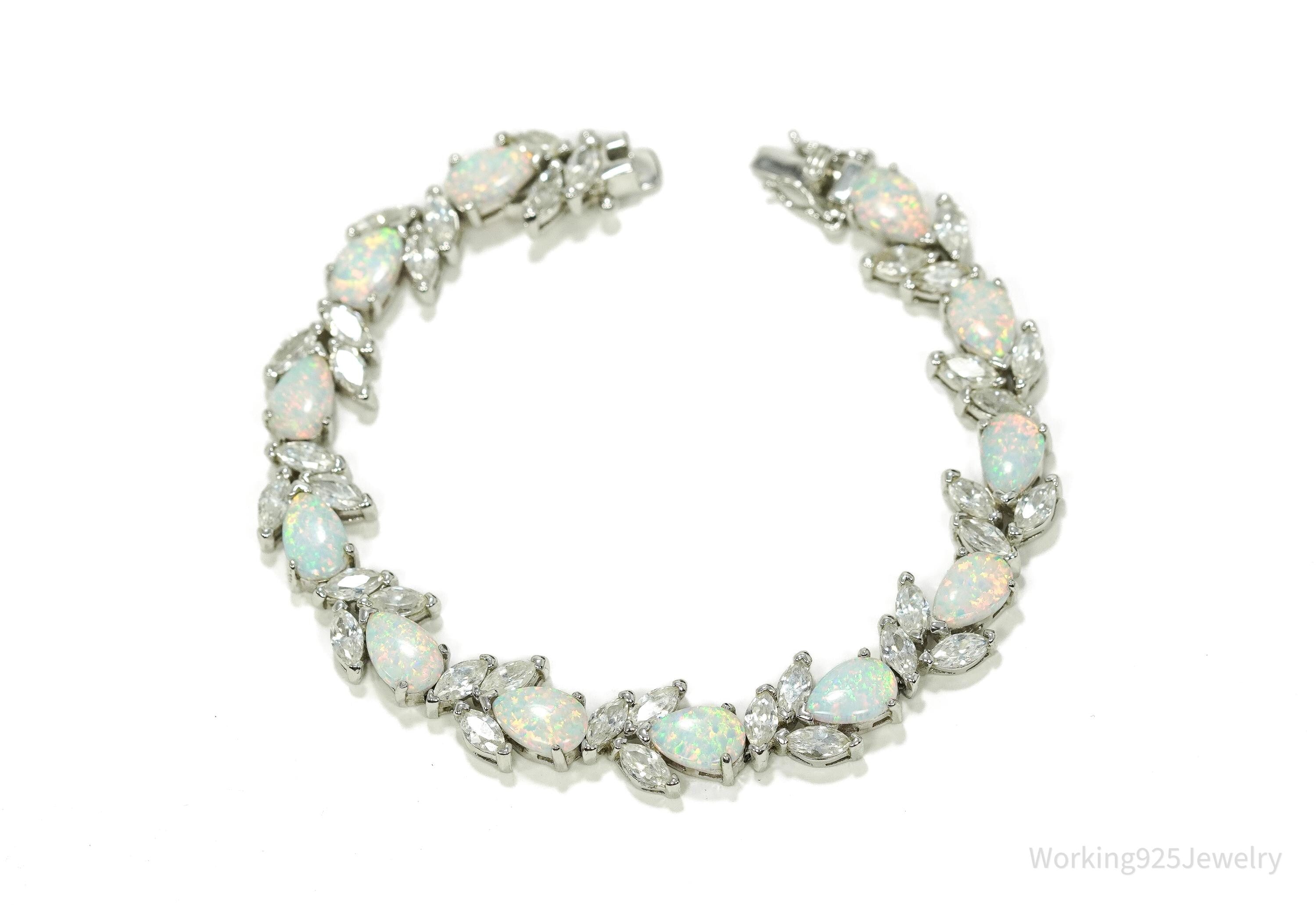 Vintage Opal & Cubic Zirconia Sterling Silver Bracelet 7 3/8"