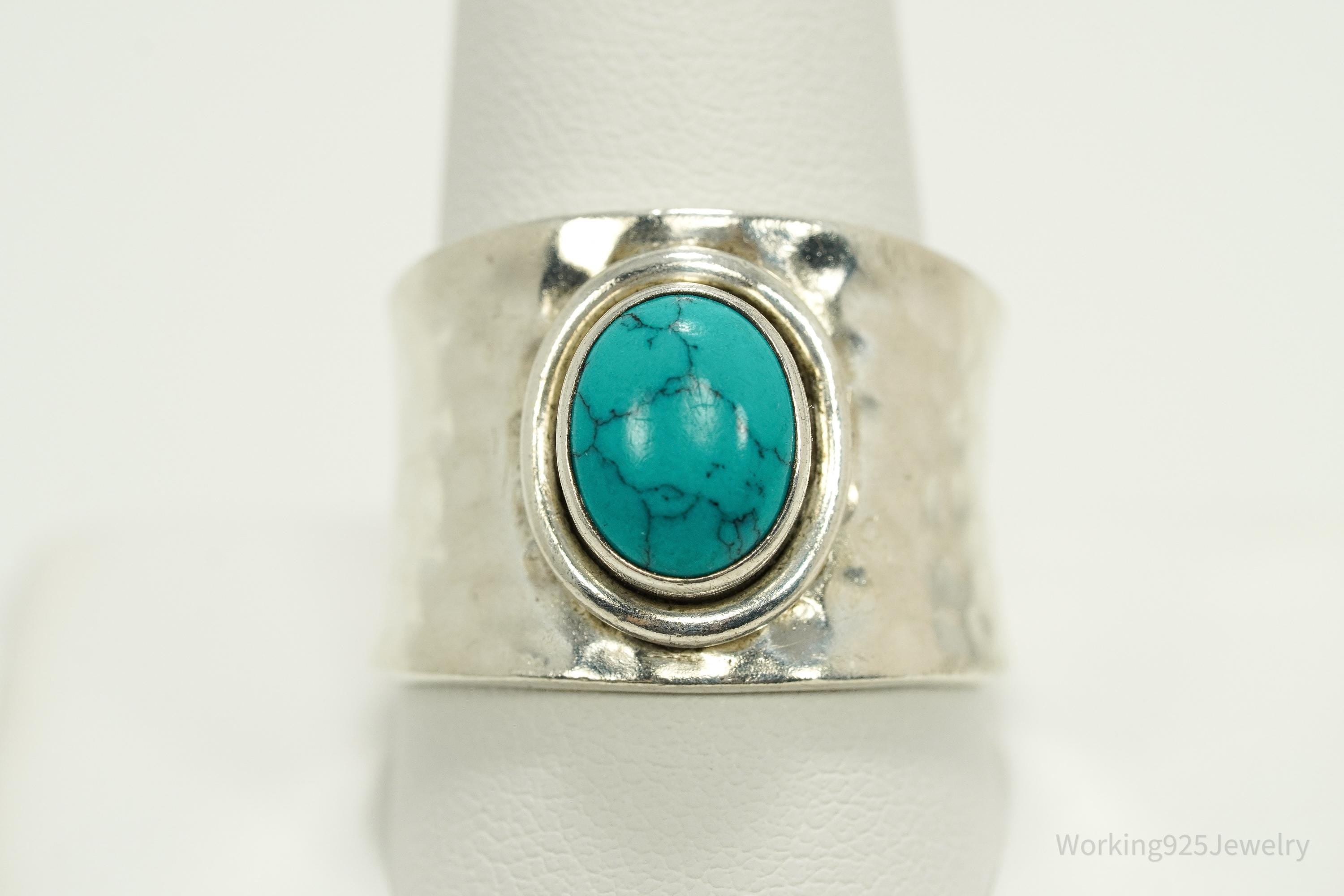 Vintage Turquoise Hammered Style Silver Ring - Size 12