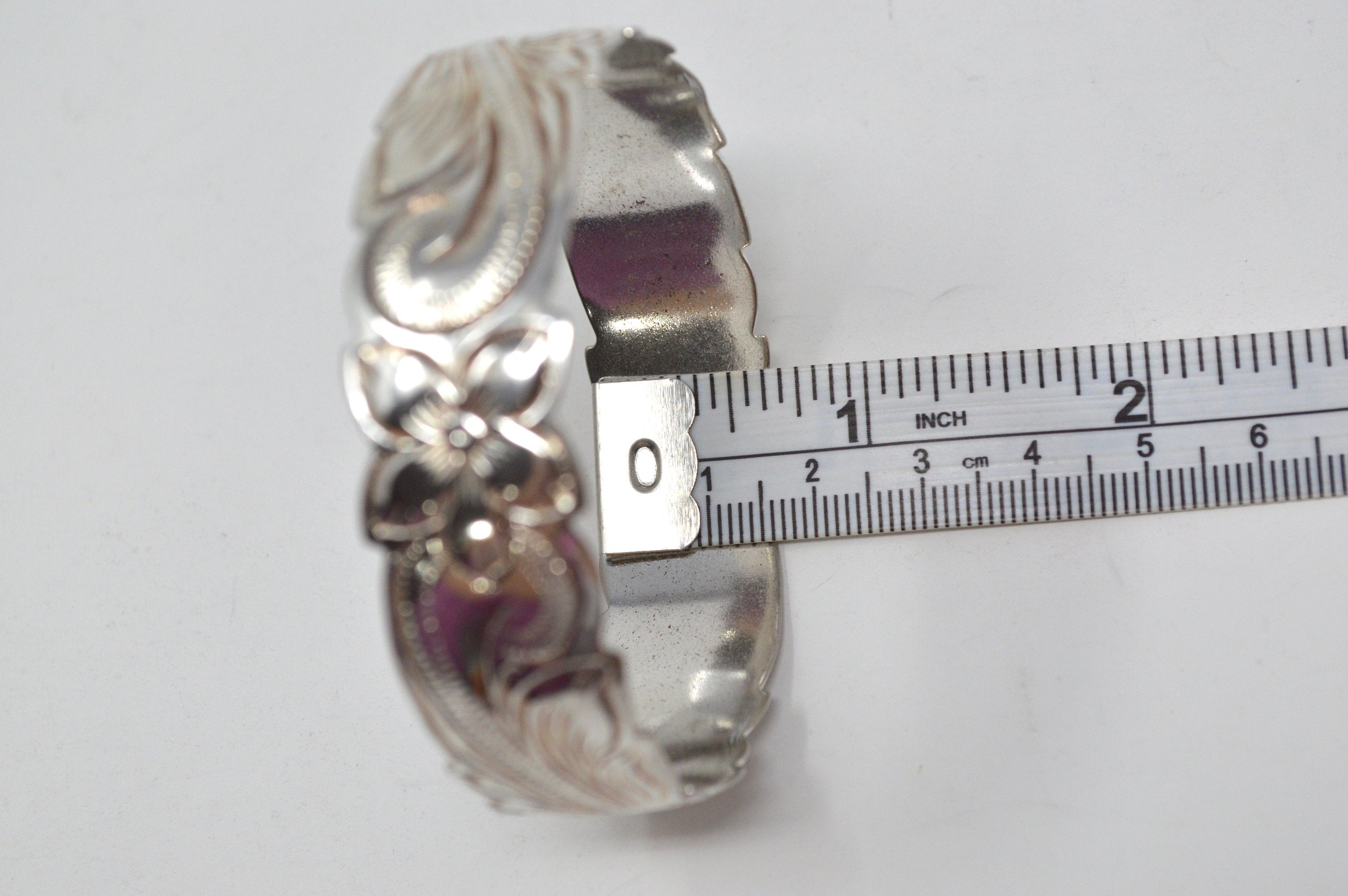 Vintage Floral Flower Pattern Carved Sterling Silver Bangle Bracelet