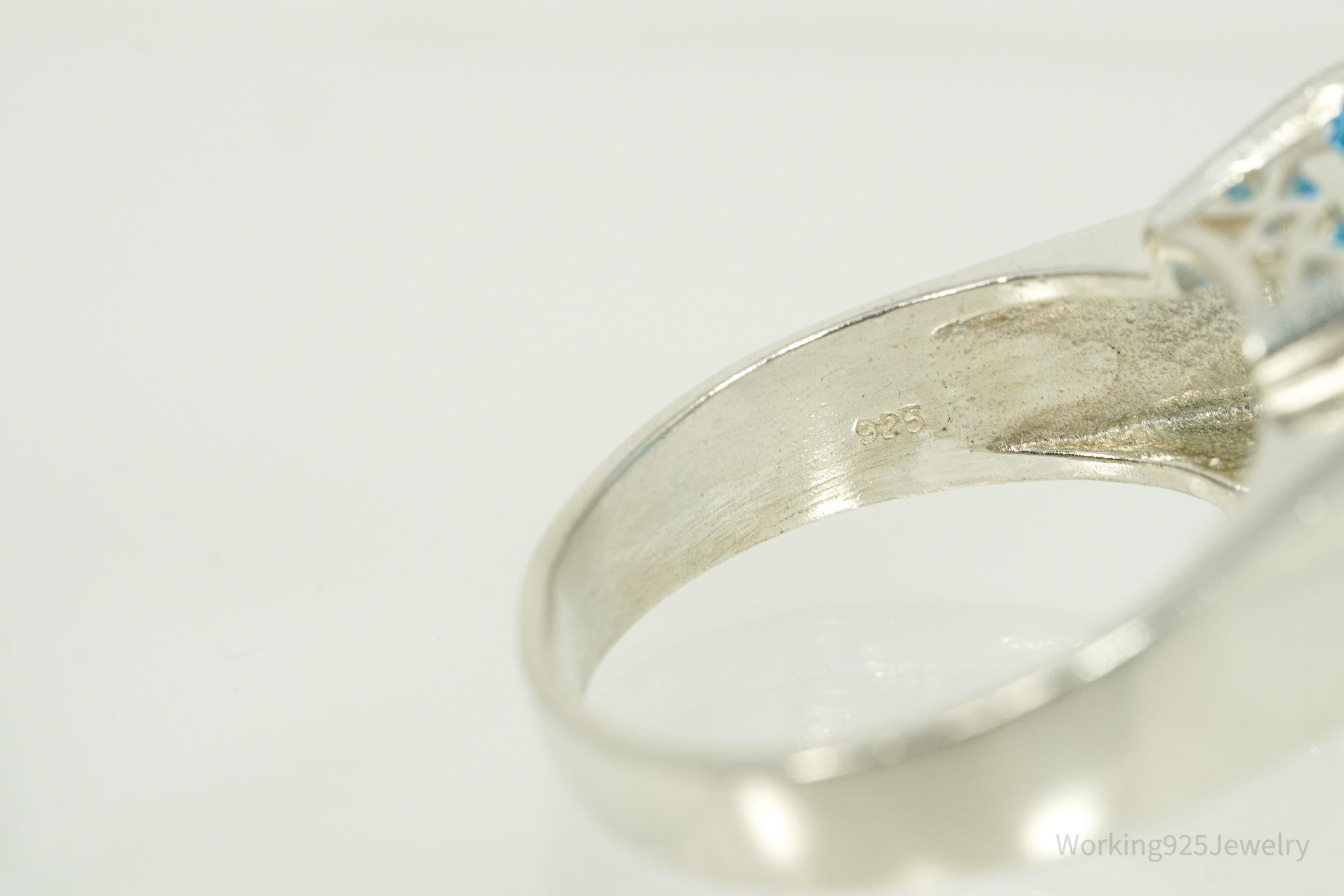 Vintage Large Blue Topaz Sterling Silver Ring - Size 10