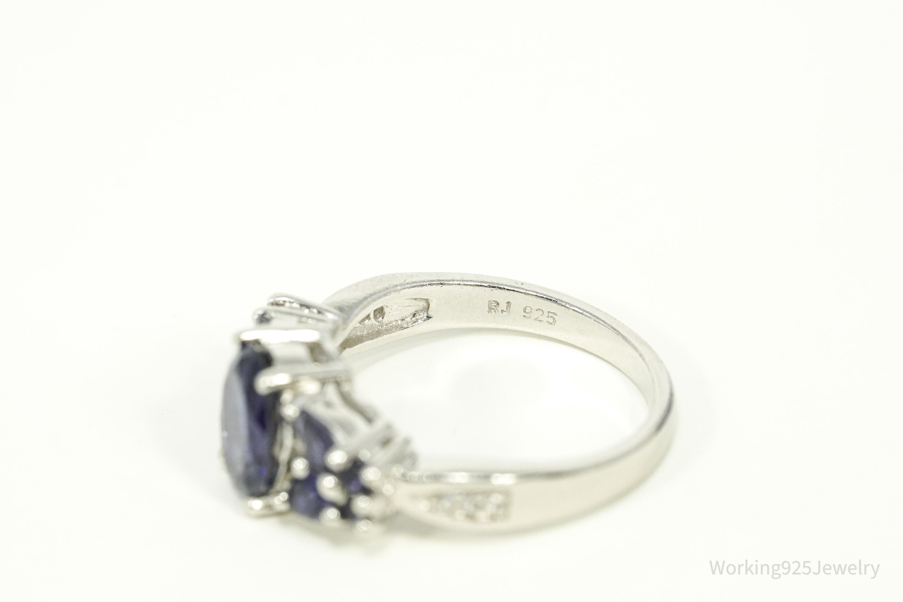 Iolite & White Zircon Rhodium Over Sterling Silver Ring - Size 7.75