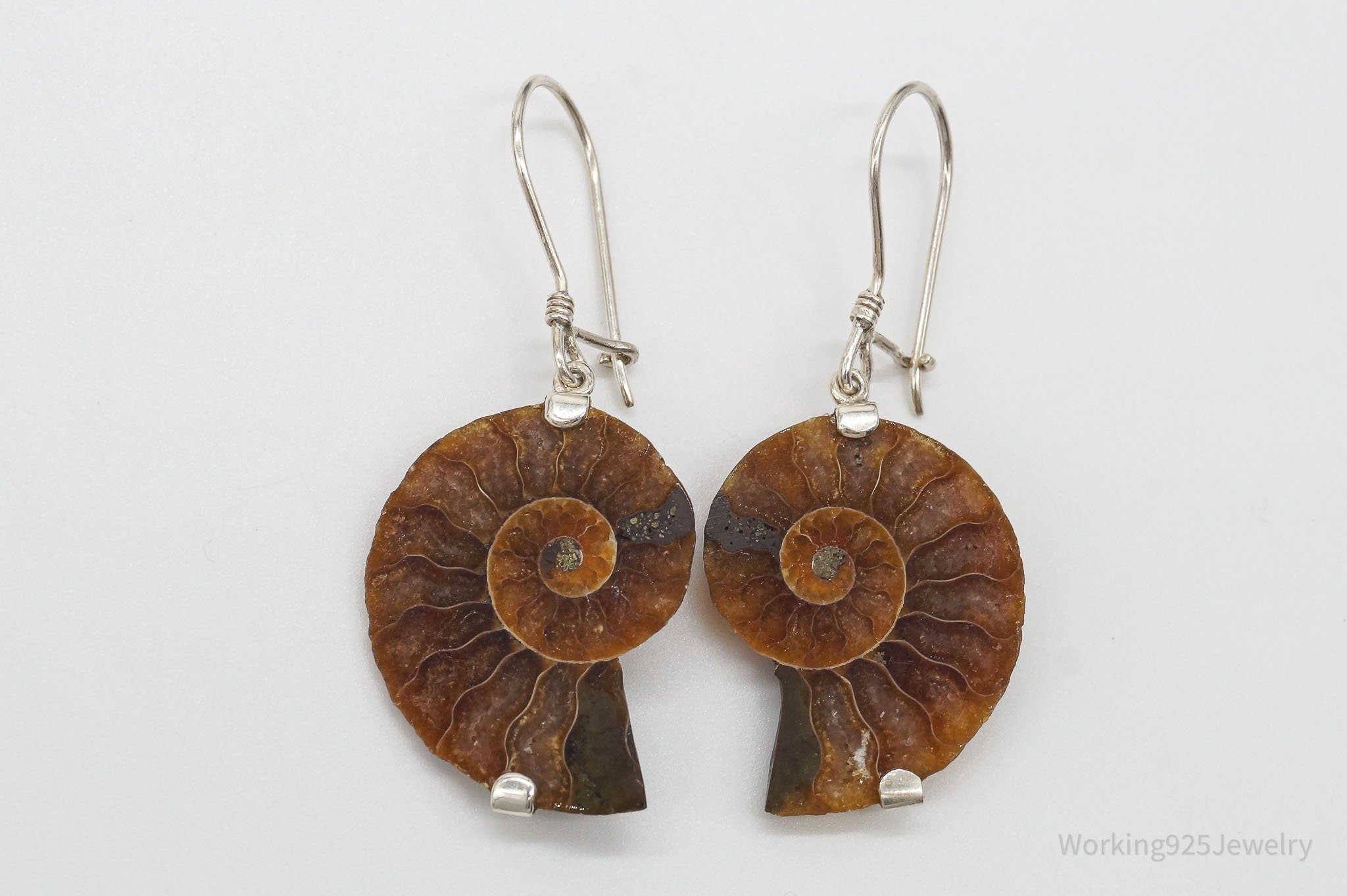 Vintage Large Ammonite Fossil Shell Silver Earrings