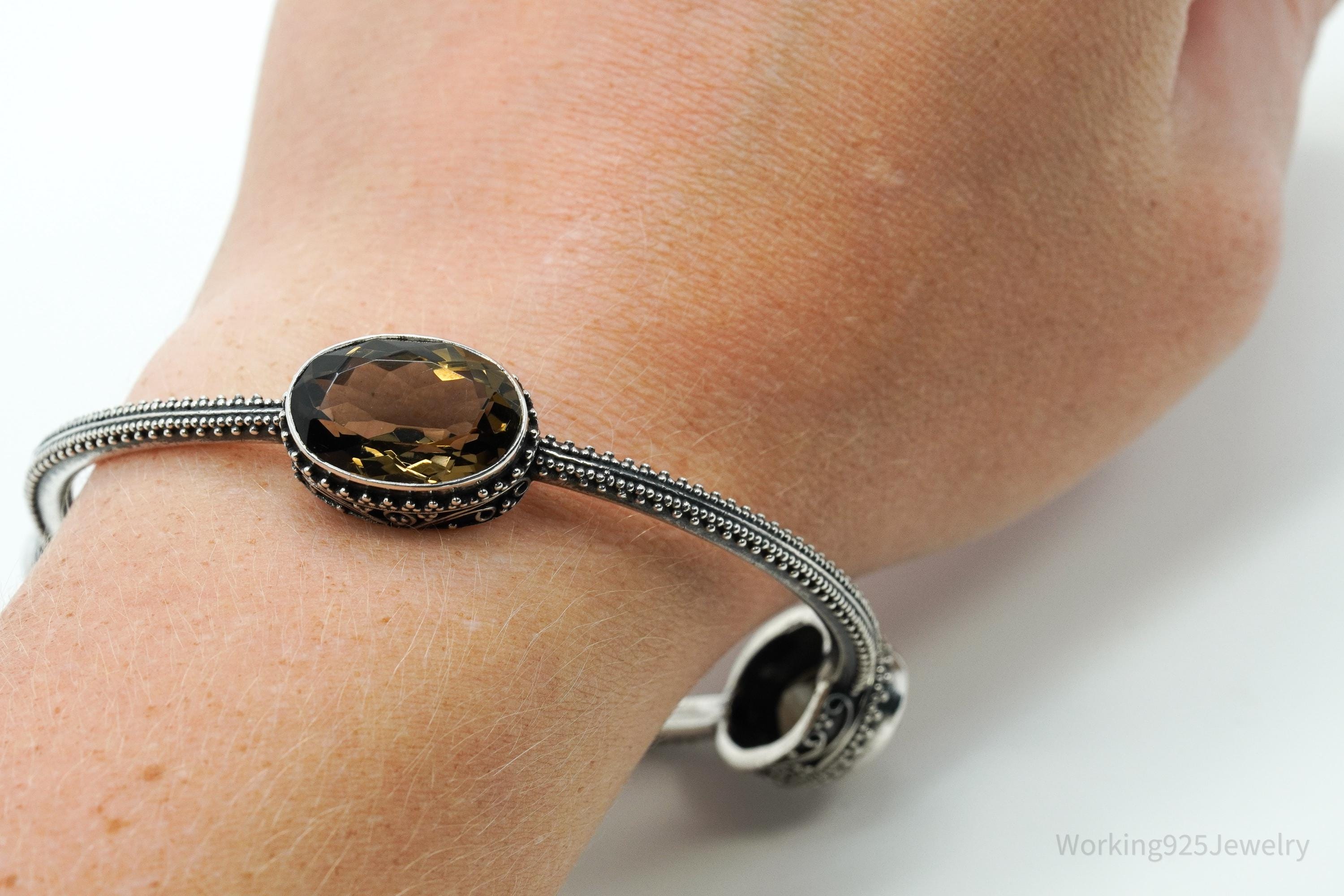 Vintage Smoky Topaz Silver Bangle Bracelet 8"