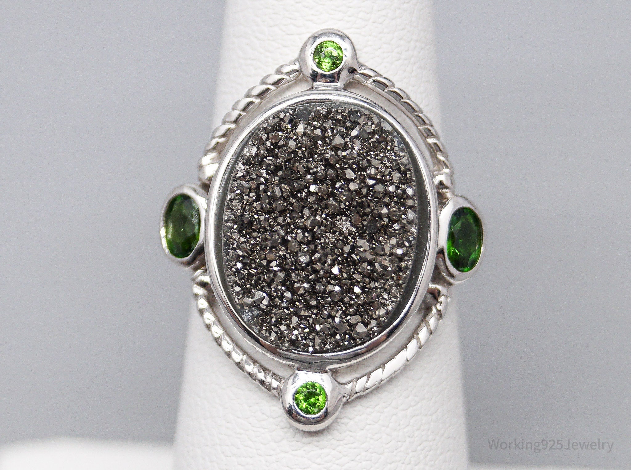 Druzy Quartz & Green Chrome Diopside Sterling Silver Ring - Size 6