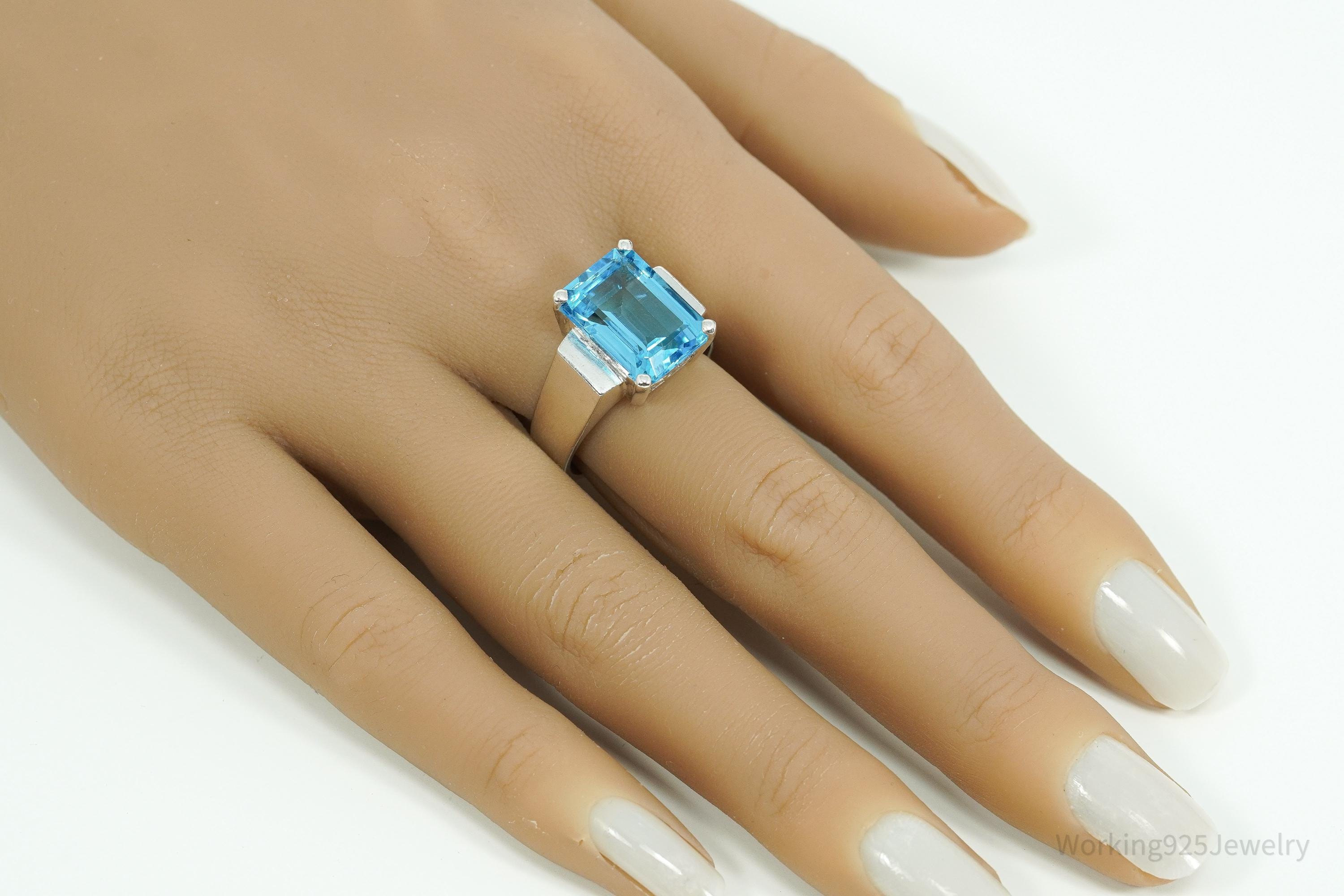Vintage Large Blue Topaz Sterling Silver Ring - Size 10